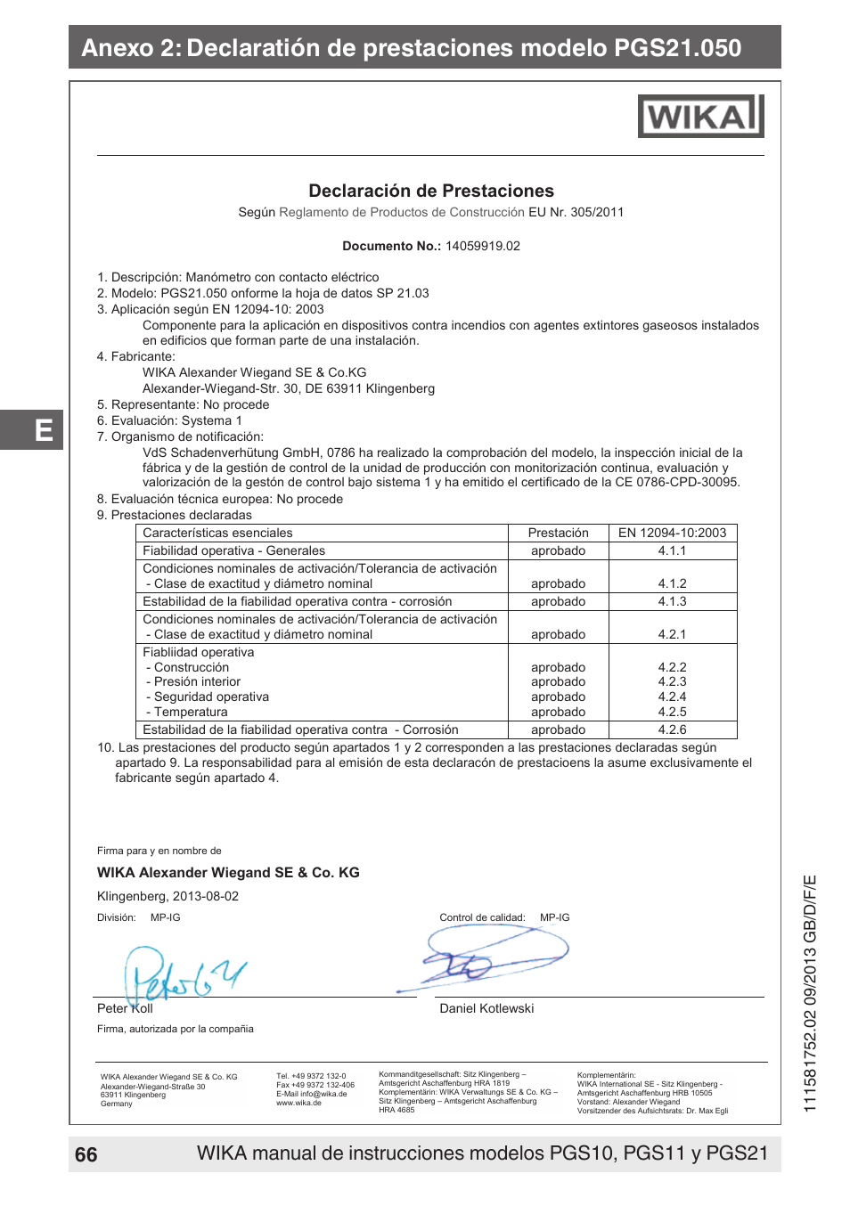 Declaración de prestaciones | WIKA PGS21 User Manual | Page 66 / 68