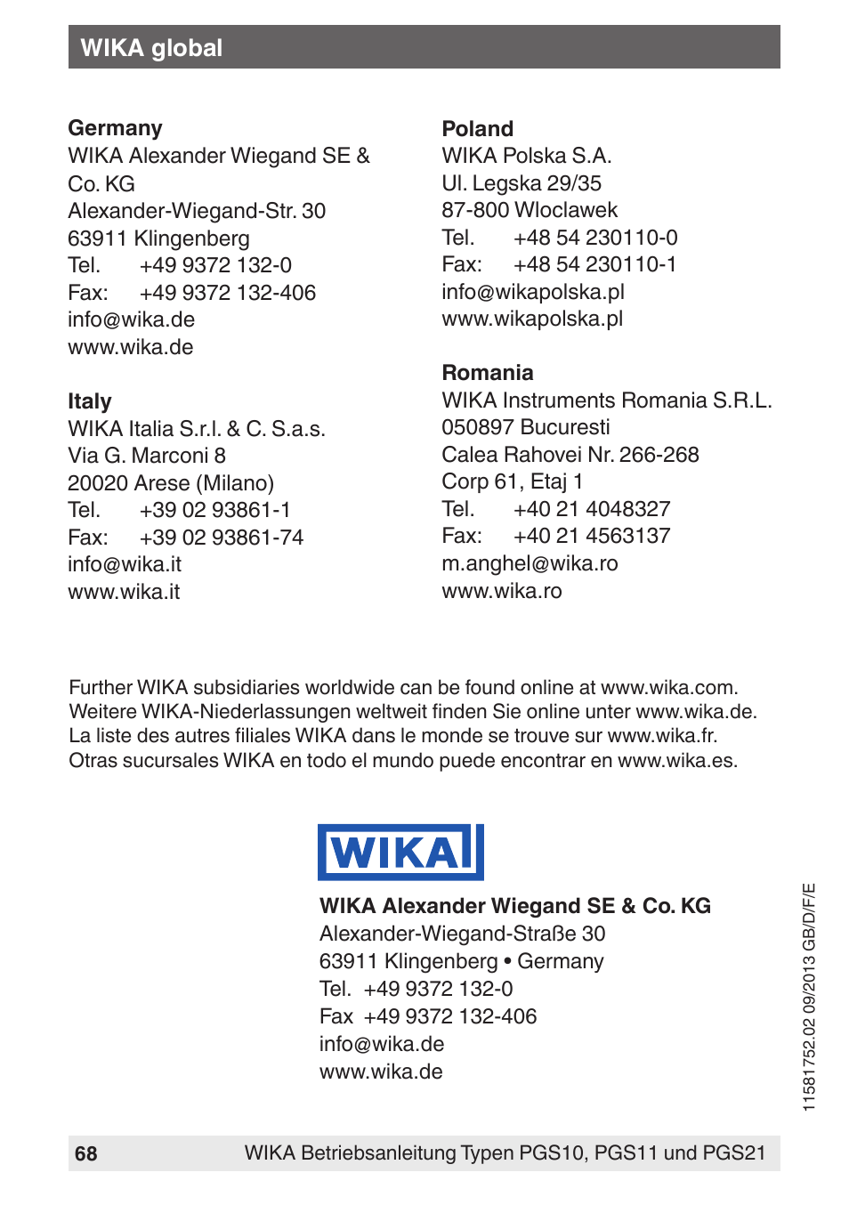 WIKA PGS21 User Manual | Page 68 / 68