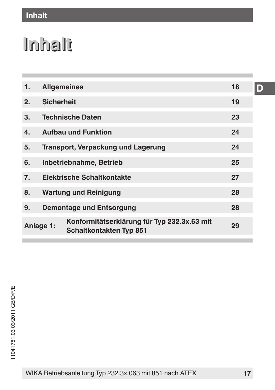 Inhalt | WIKA PGS23.063 User Manual | Page 17 / 56