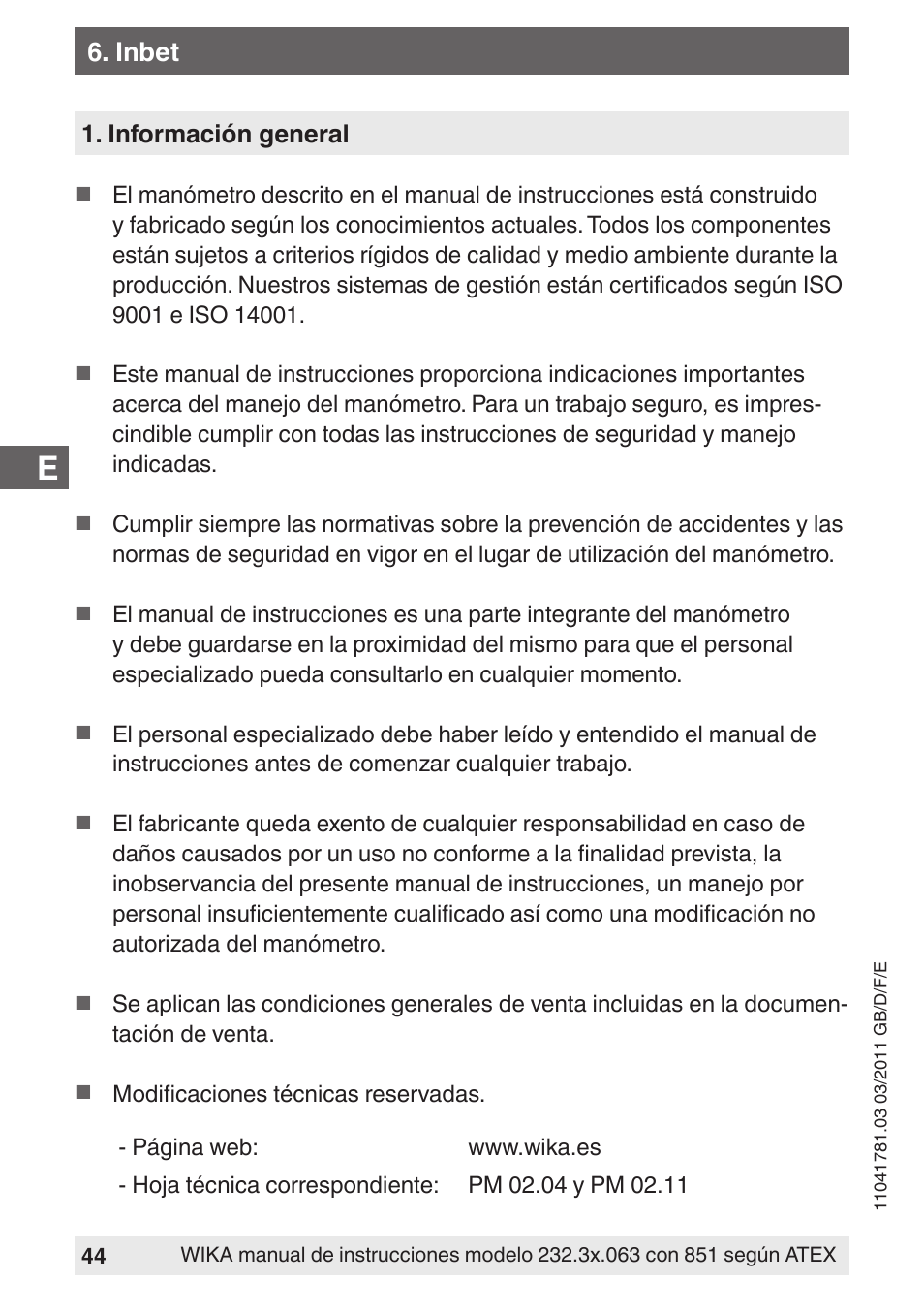 Inbet | WIKA PGS23.063 User Manual | Page 44 / 56