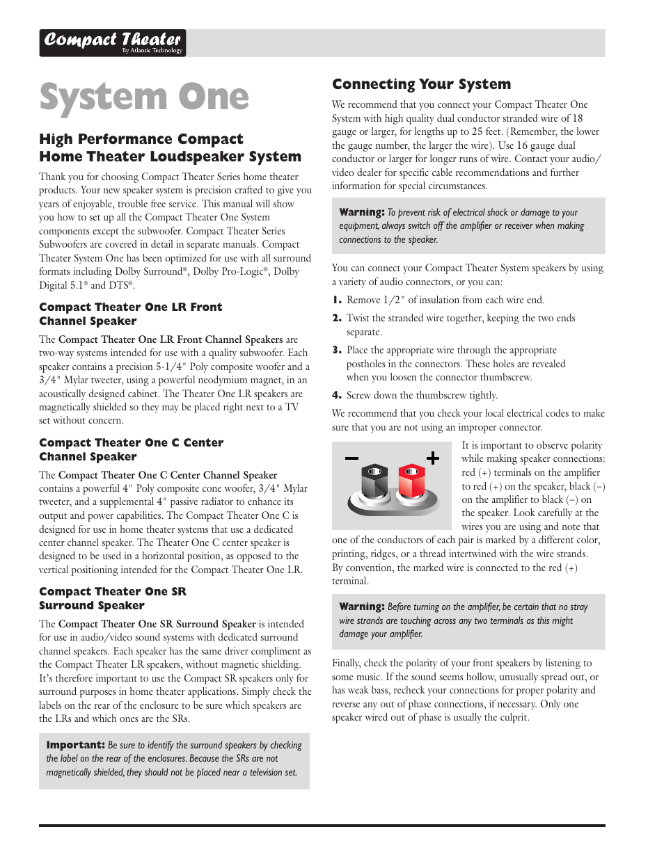 System one, Connecting your system | Atlantic Technology Compact Theater High Performance Compact User Manual | Page 2 / 4