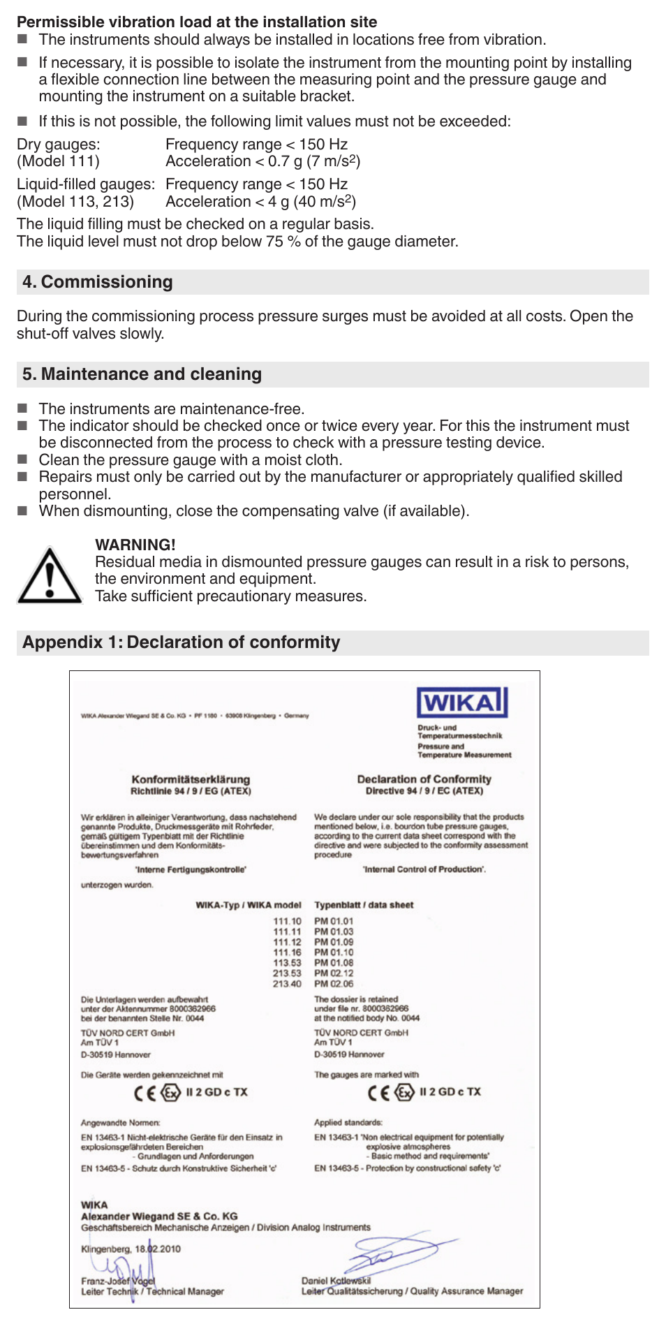 Commissioning, Maintenance and cleaning, Appendix 1: declaration of conformity | WIKA 111.11 User Manual | Page 3 / 3