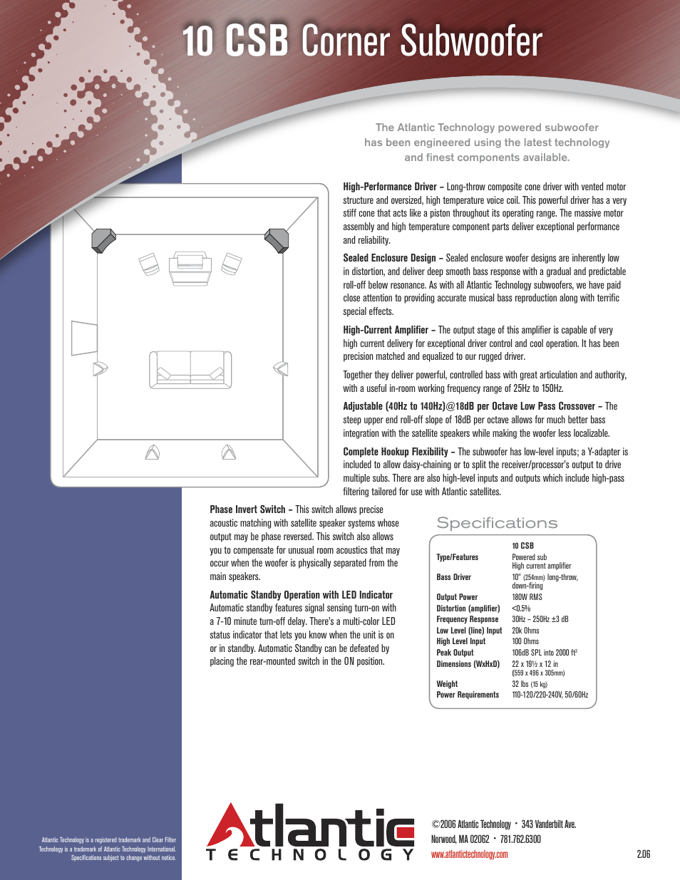 10 csb corner subwoofer, Speciﬁcations | Atlantic Technology 10 CSB User Manual | Page 2 / 2
