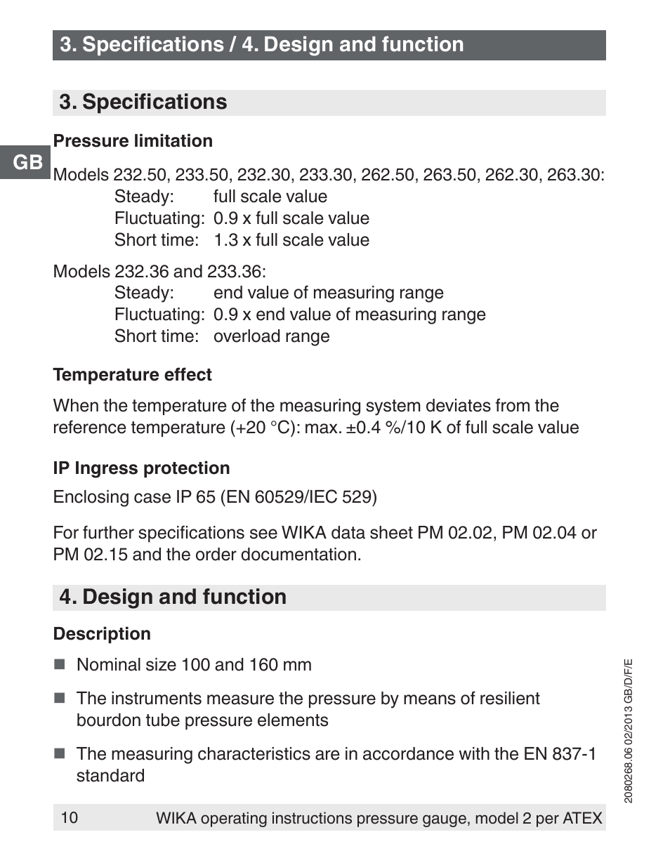 Specifications, Design and function, Specifications / 4. design and function | WIKA 233.50 User Manual | Page 10 / 60