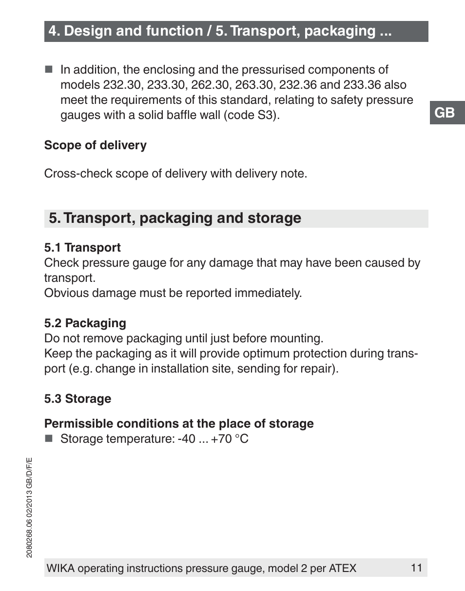Transport, packaging and storage, Design and function / 5. transport, packaging | WIKA 233.50 User Manual | Page 11 / 60