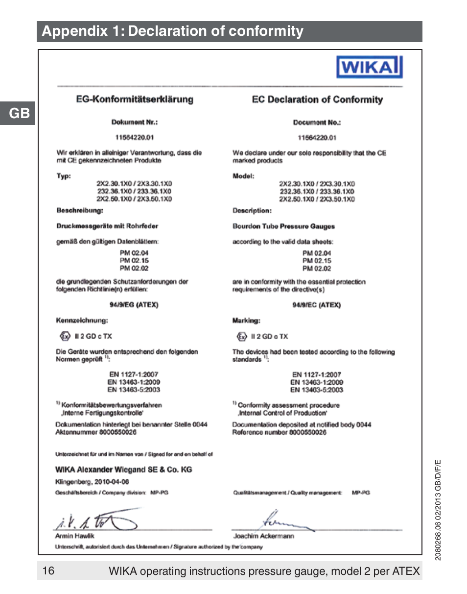 Appendix 1: declaration of conformity | WIKA 233.50 User Manual | Page 16 / 60