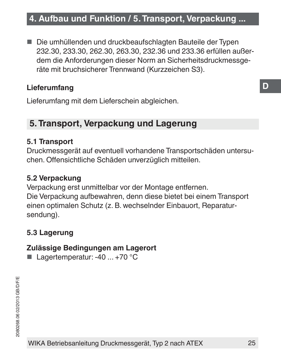 Transport, verpackung und lagerung, Aufbau und funktion / 5. transport, verpackung | WIKA 233.50 User Manual | Page 25 / 60