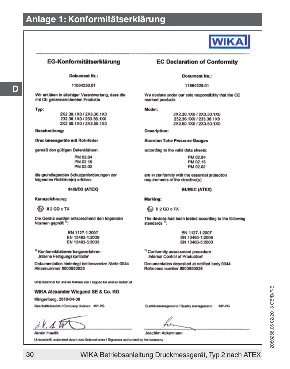Anlage 1: konformitätserklärung | WIKA 233.50 User Manual | Page 30 / 60