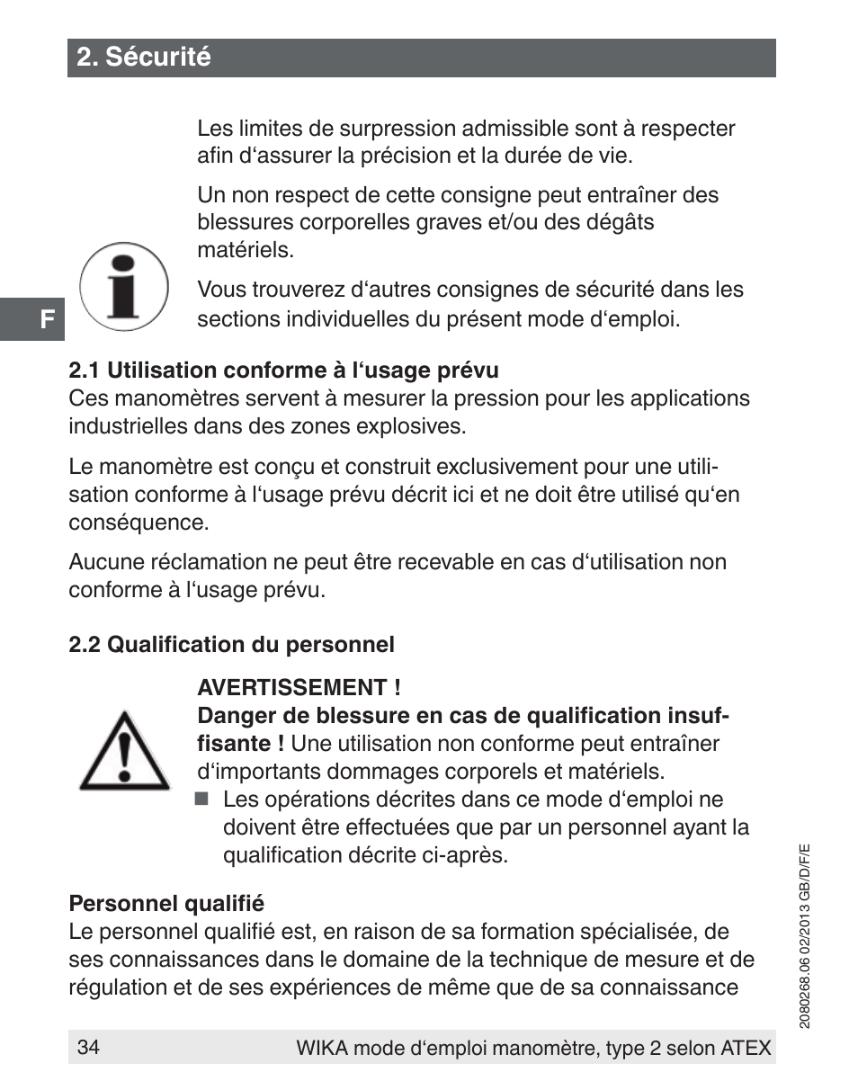 Sécurité | WIKA 233.50 User Manual | Page 34 / 60