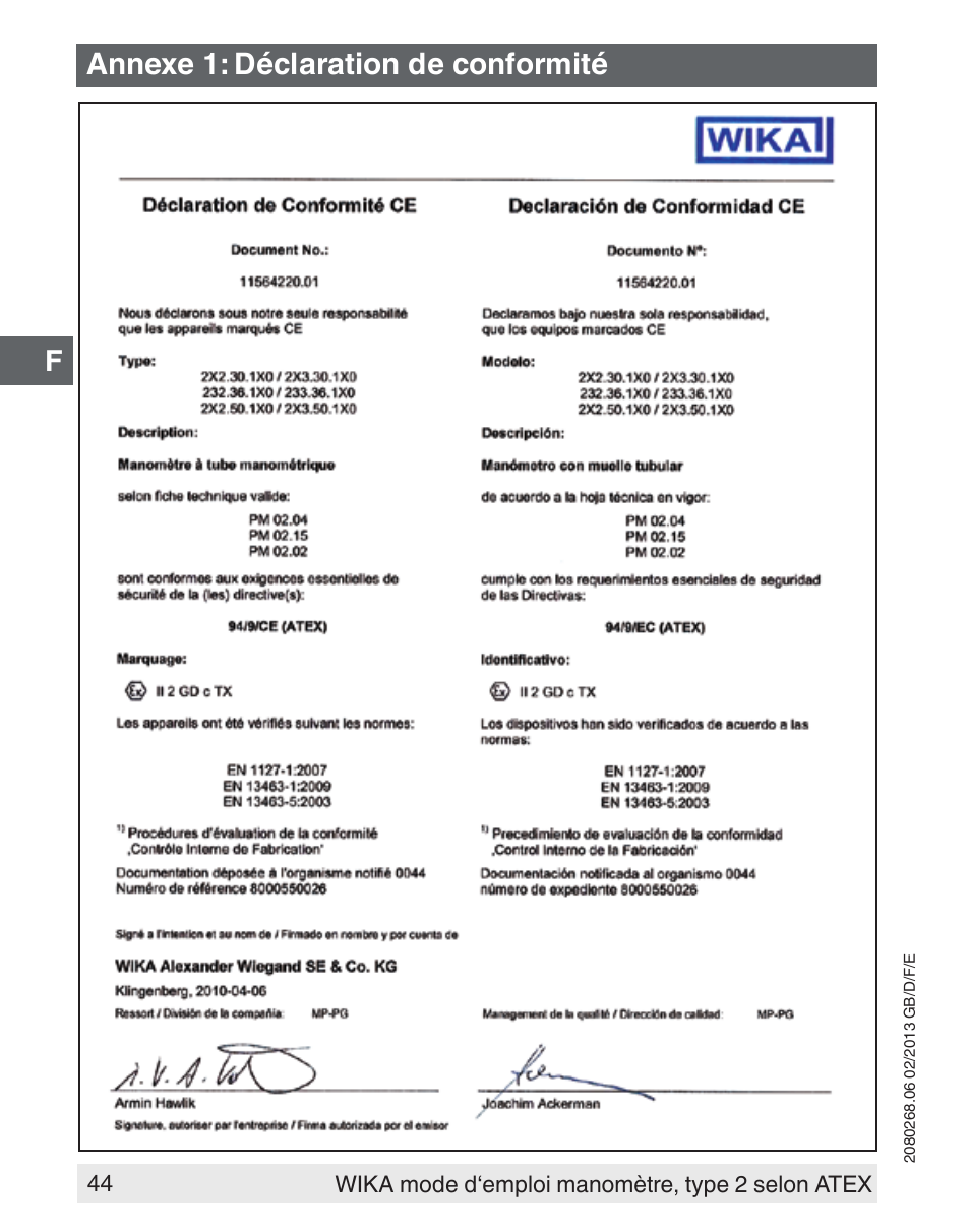 Annexe 1: déclaration de conformité | WIKA 233.50 User Manual | Page 44 / 60