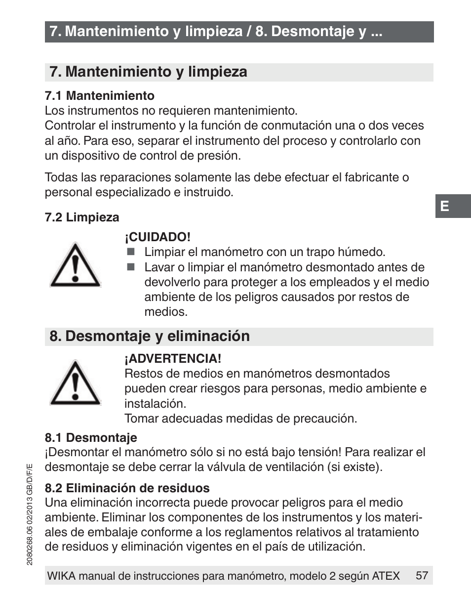 Mantenimiento y limpieza, Desmontaje y eliminación, Mantenimiento y limpieza / 8. desmontaje y | WIKA 233.50 User Manual | Page 57 / 60