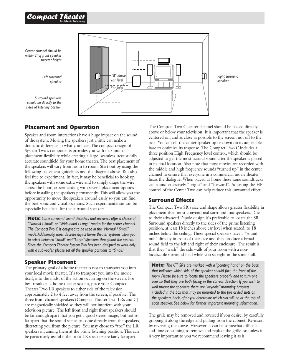 Placement and operation | Atlantic Technology Compact Theater HomeTheater Loudspeaker System User Manual | Page 3 / 4