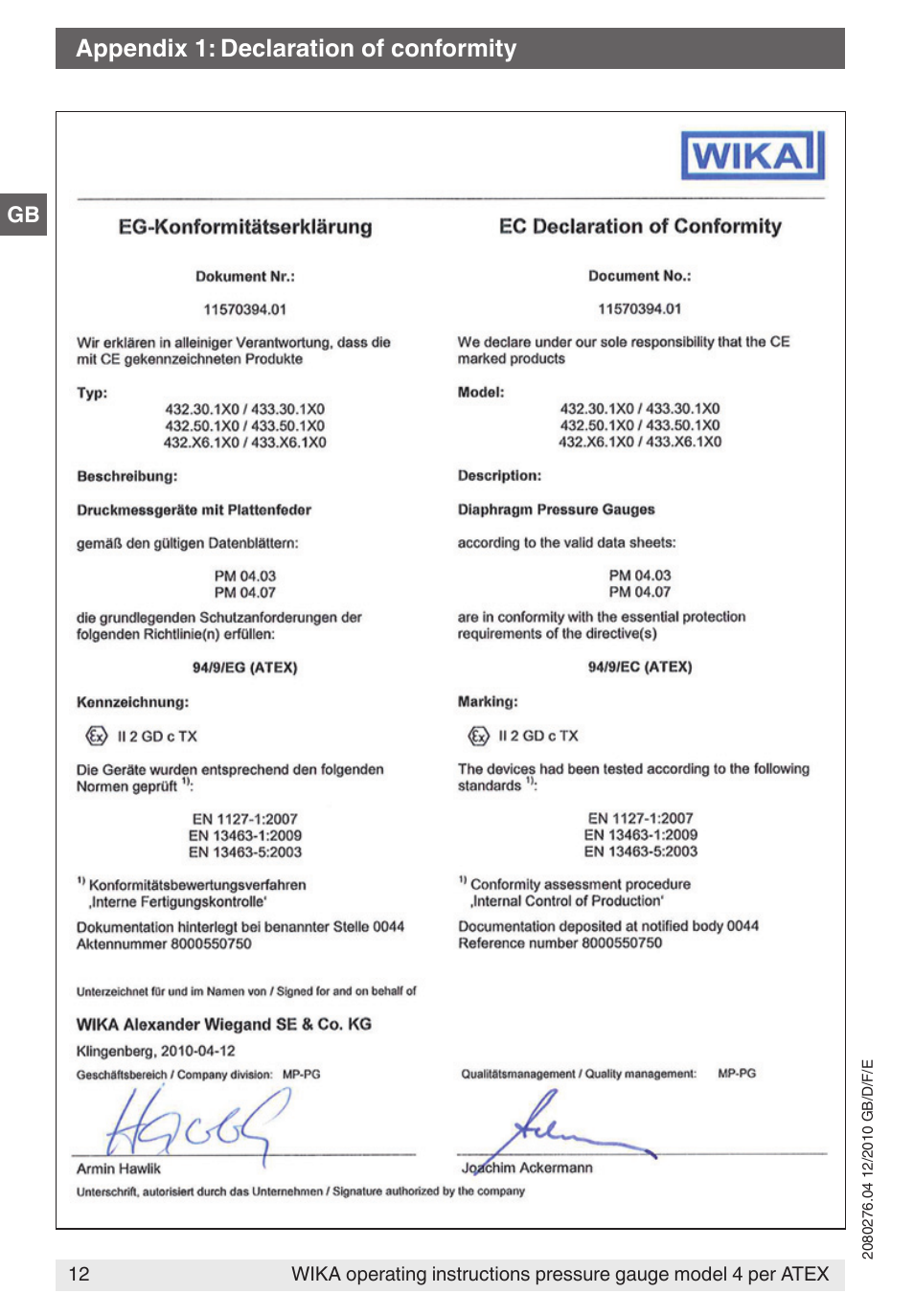 Appendix 1: declaration of conformity | WIKA 432.36 User Manual | Page 12 / 44