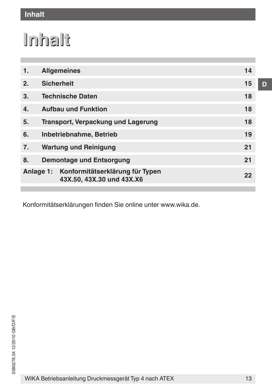 Inhalt | WIKA 432.36 User Manual | Page 13 / 44