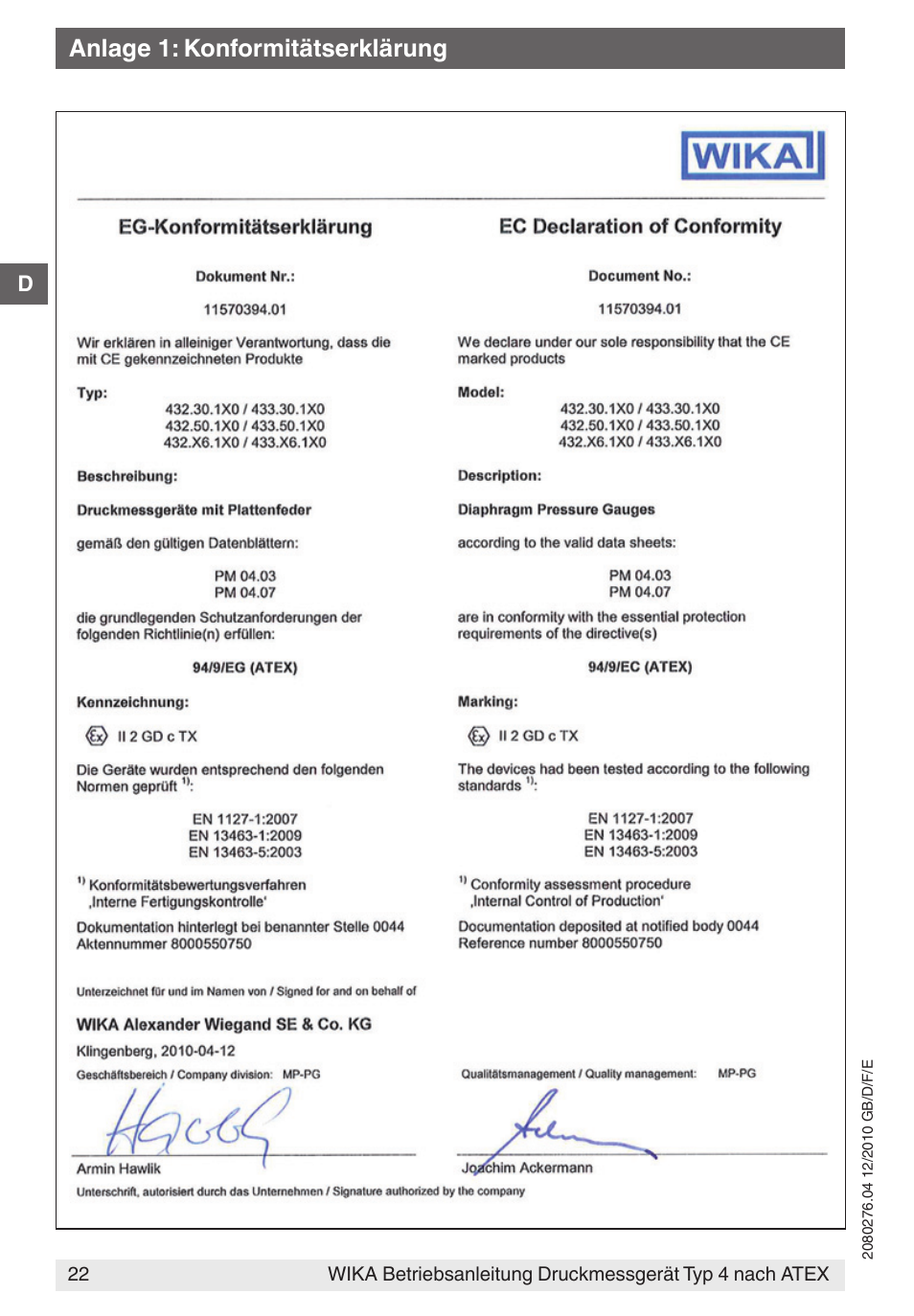 Anlage 1: konformitätserklärung | WIKA 432.36 User Manual | Page 22 / 44
