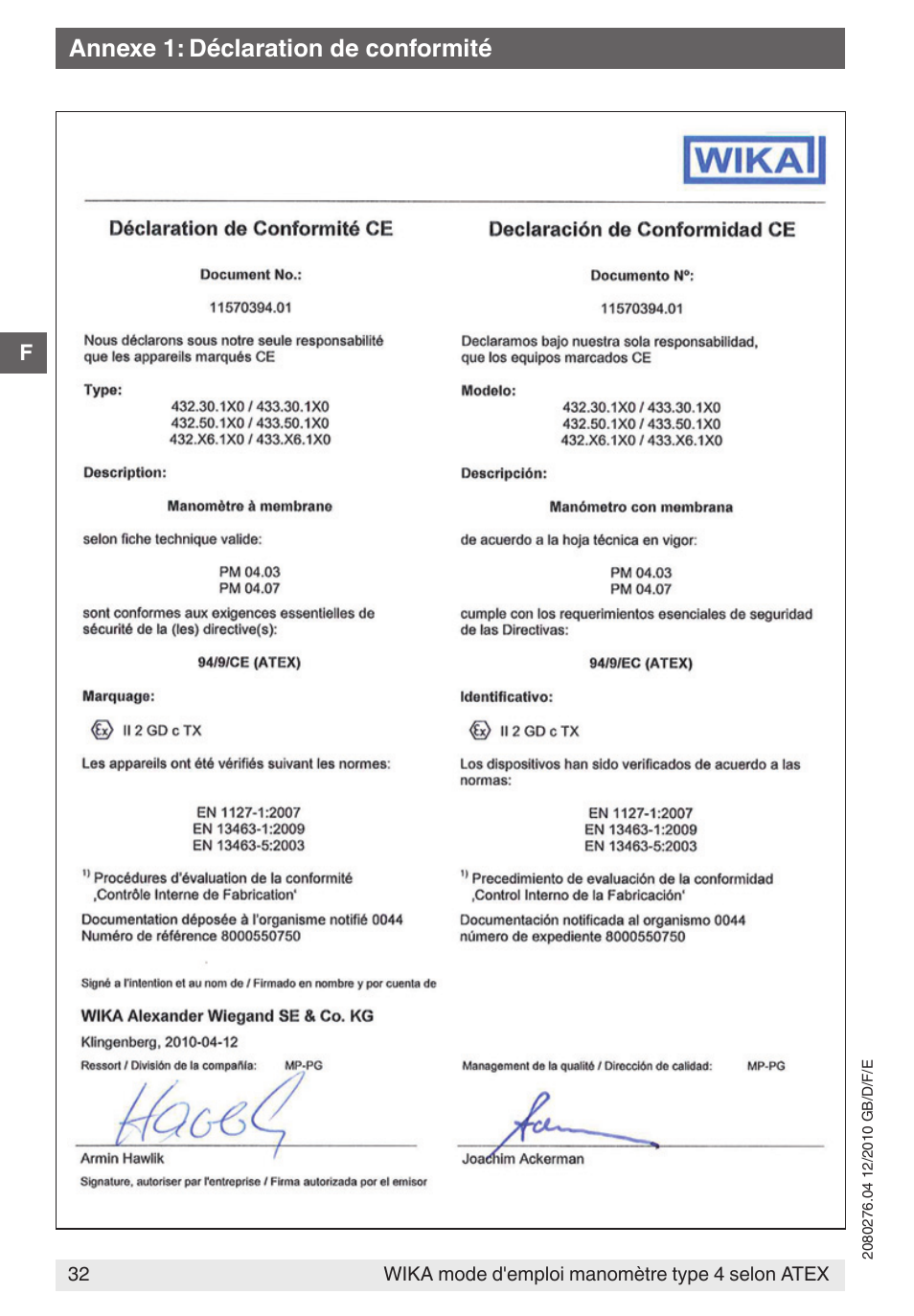 Annexe 1: déclaration de conformité | WIKA 432.36 User Manual | Page 32 / 44