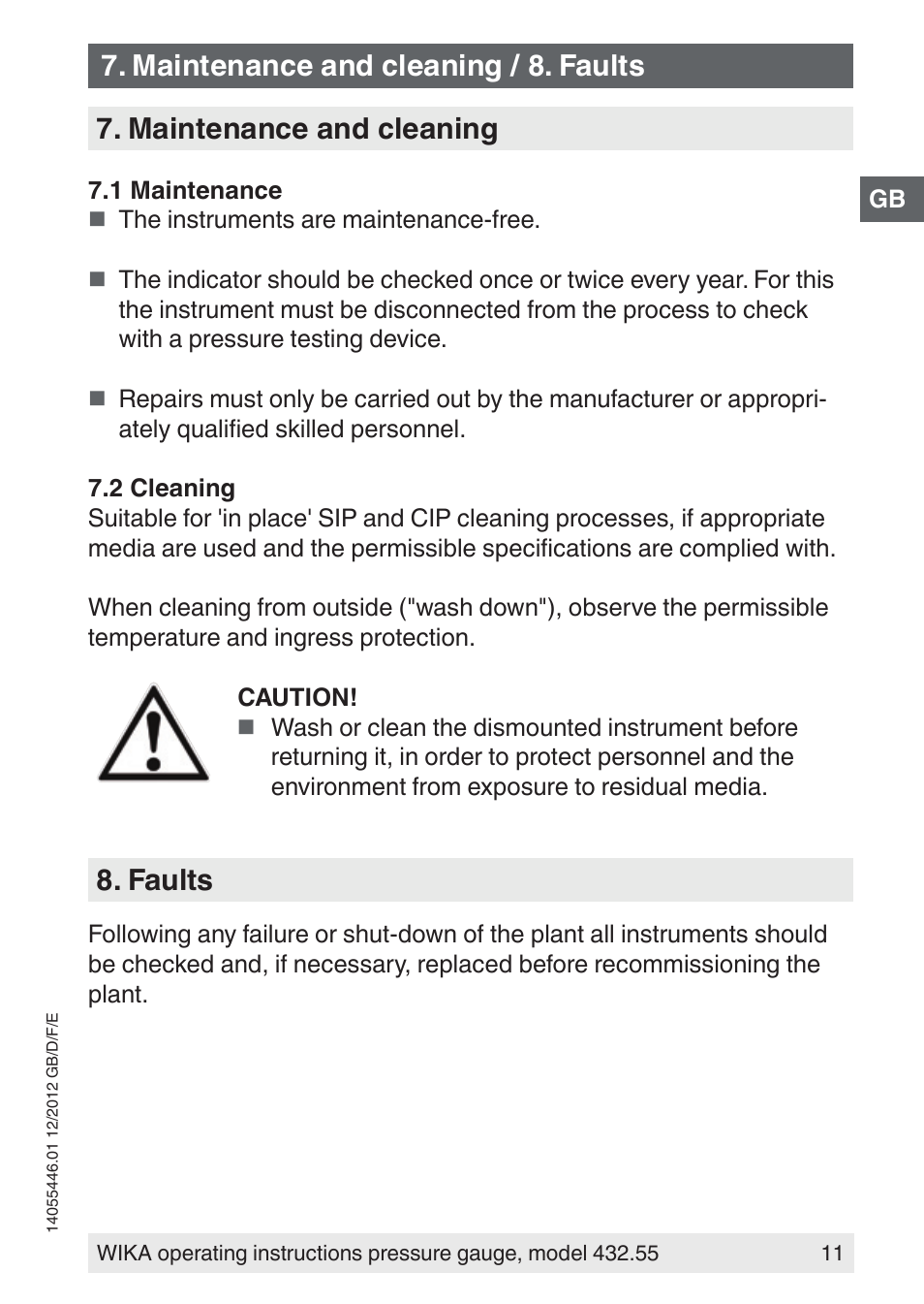 Maintenance and cleaning, Faults, Maintenance and cleaning / 8. faults | WIKA 432.55 User Manual | Page 11 / 48