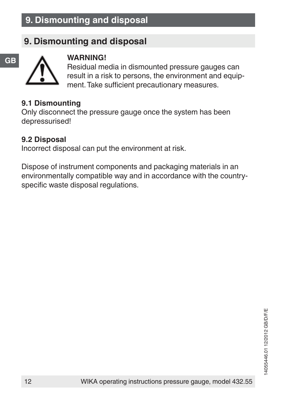 Dismounting and disposal | WIKA 432.55 User Manual | Page 12 / 48