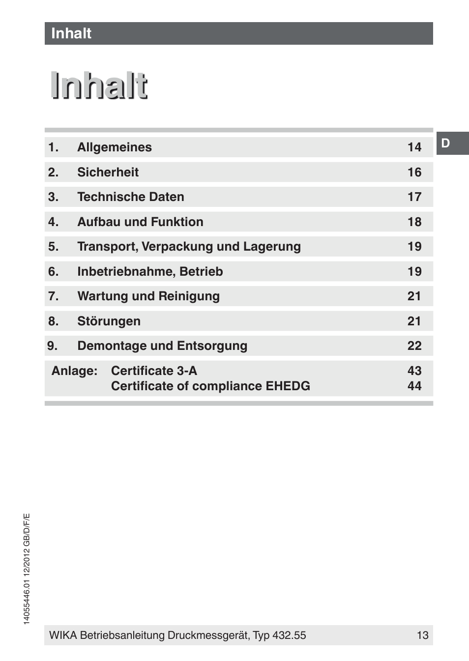 Inhalt | WIKA 432.55 User Manual | Page 13 / 48