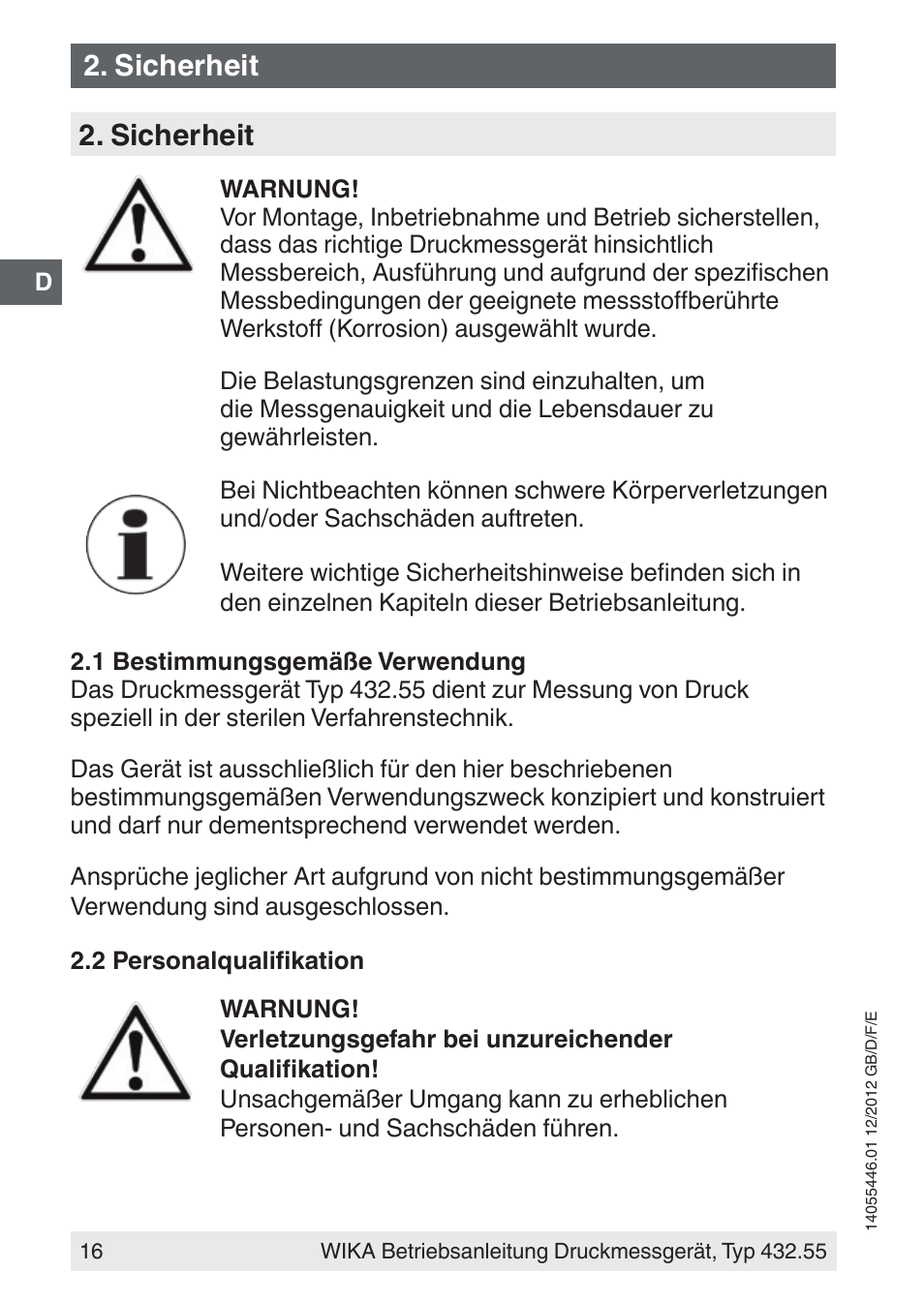 Sicherheit | WIKA 432.55 User Manual | Page 16 / 48