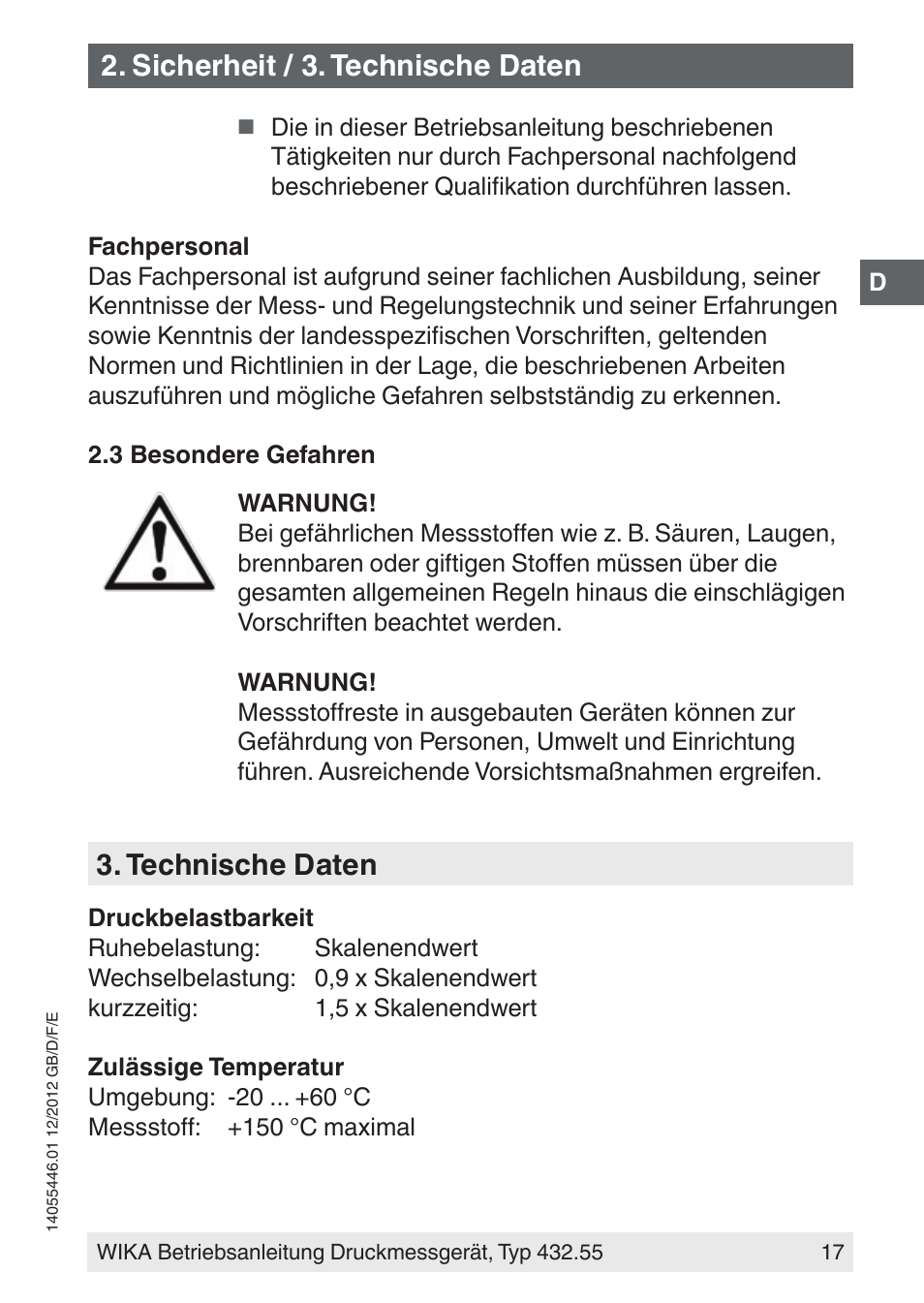 Sicherheit / 3. technische daten, Technische daten | WIKA 432.55 User Manual | Page 17 / 48