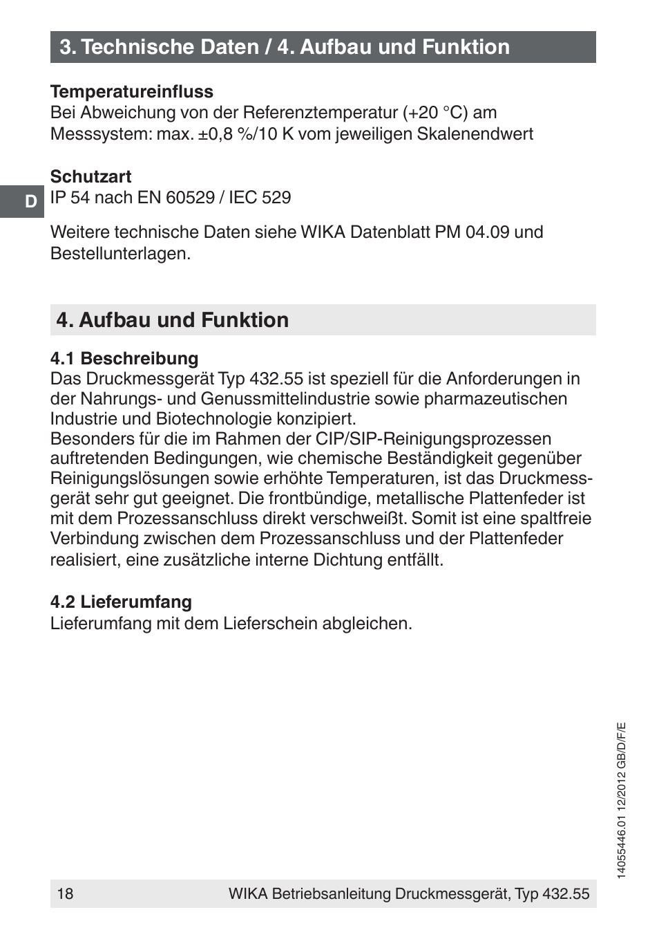 Aufbau und funktion, Technische daten / 4. aufbau und funktion | WIKA 432.55 User Manual | Page 18 / 48