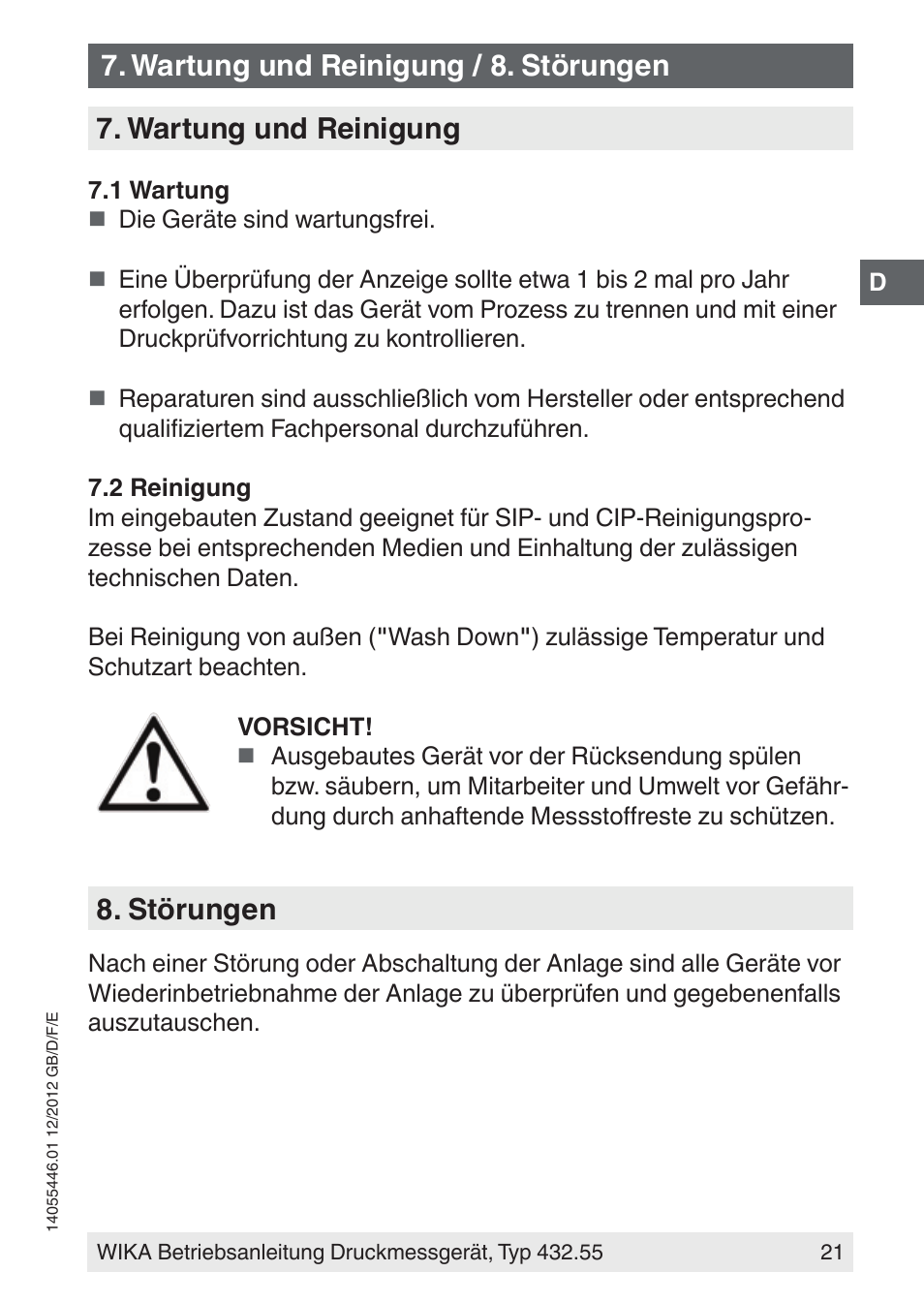 Wartung und reinigung, Störungen, Wartung und reinigung / 8. störungen | WIKA 432.55 User Manual | Page 21 / 48