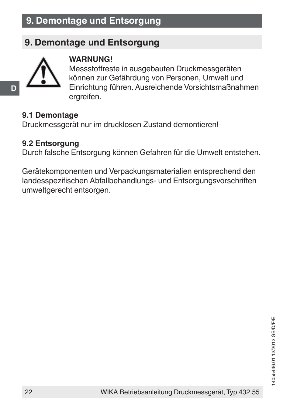 Demontage und entsorgung | WIKA 432.55 User Manual | Page 22 / 48