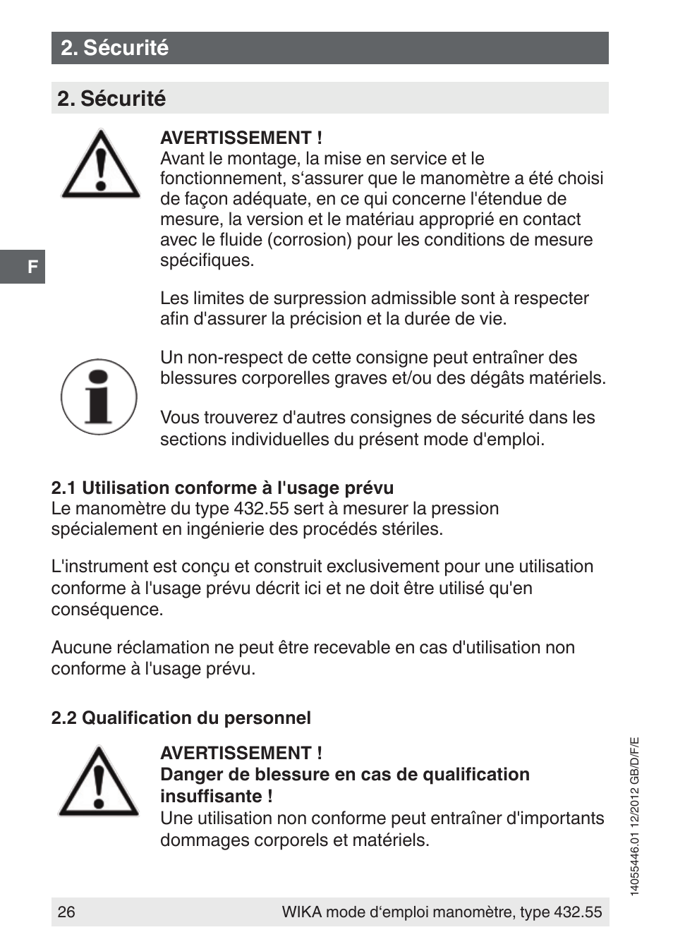 Sécurité | WIKA 432.55 User Manual | Page 26 / 48