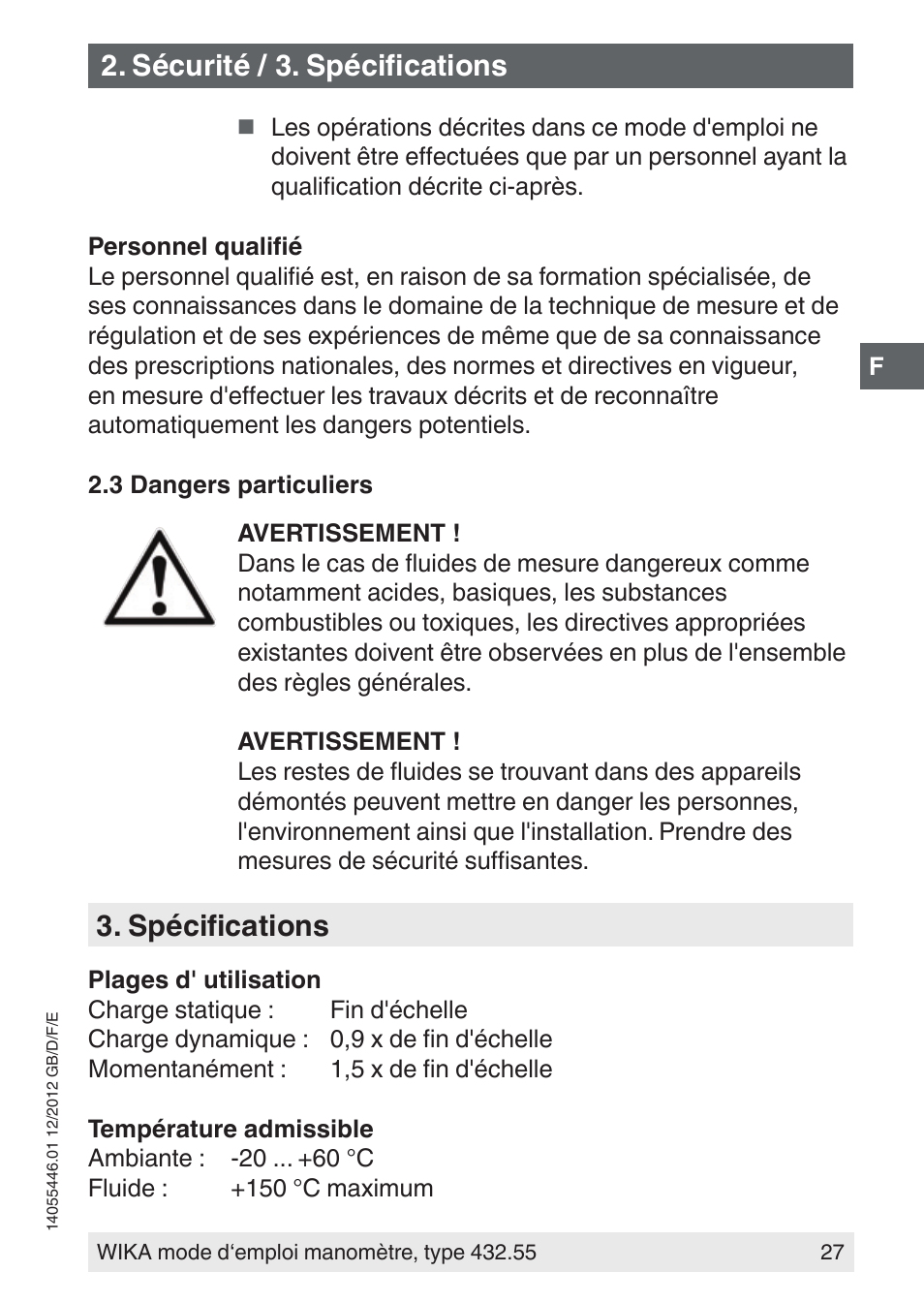 Spécifications, Sécurité / 3. spécifications | WIKA 432.55 User Manual | Page 27 / 48