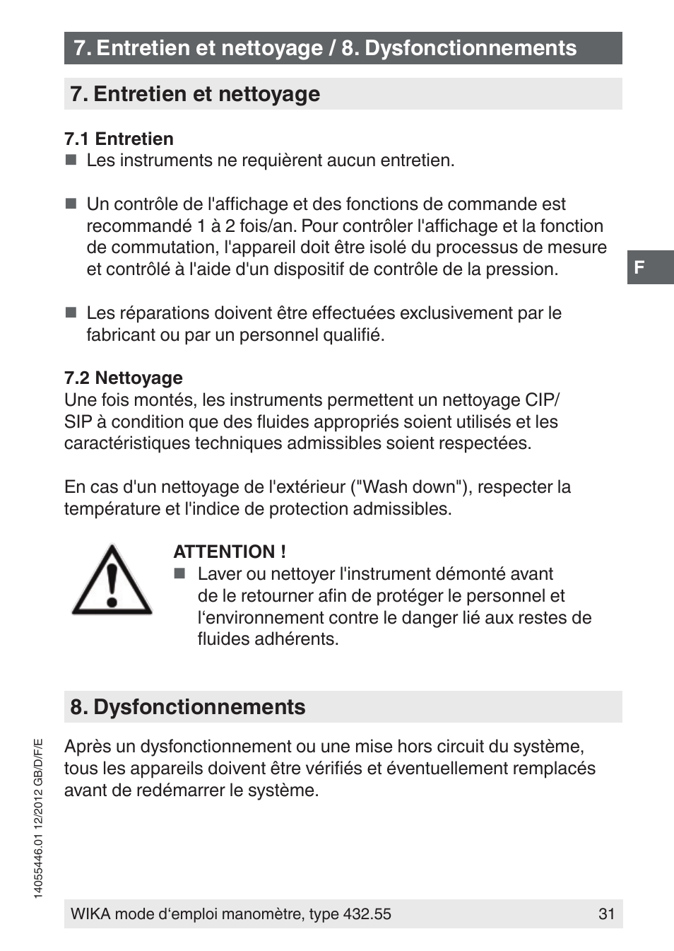 Entretien et nettoyage, Dysfonctionnements, Entretien et nettoyage / 8. dysfonctionnements | WIKA 432.55 User Manual | Page 31 / 48