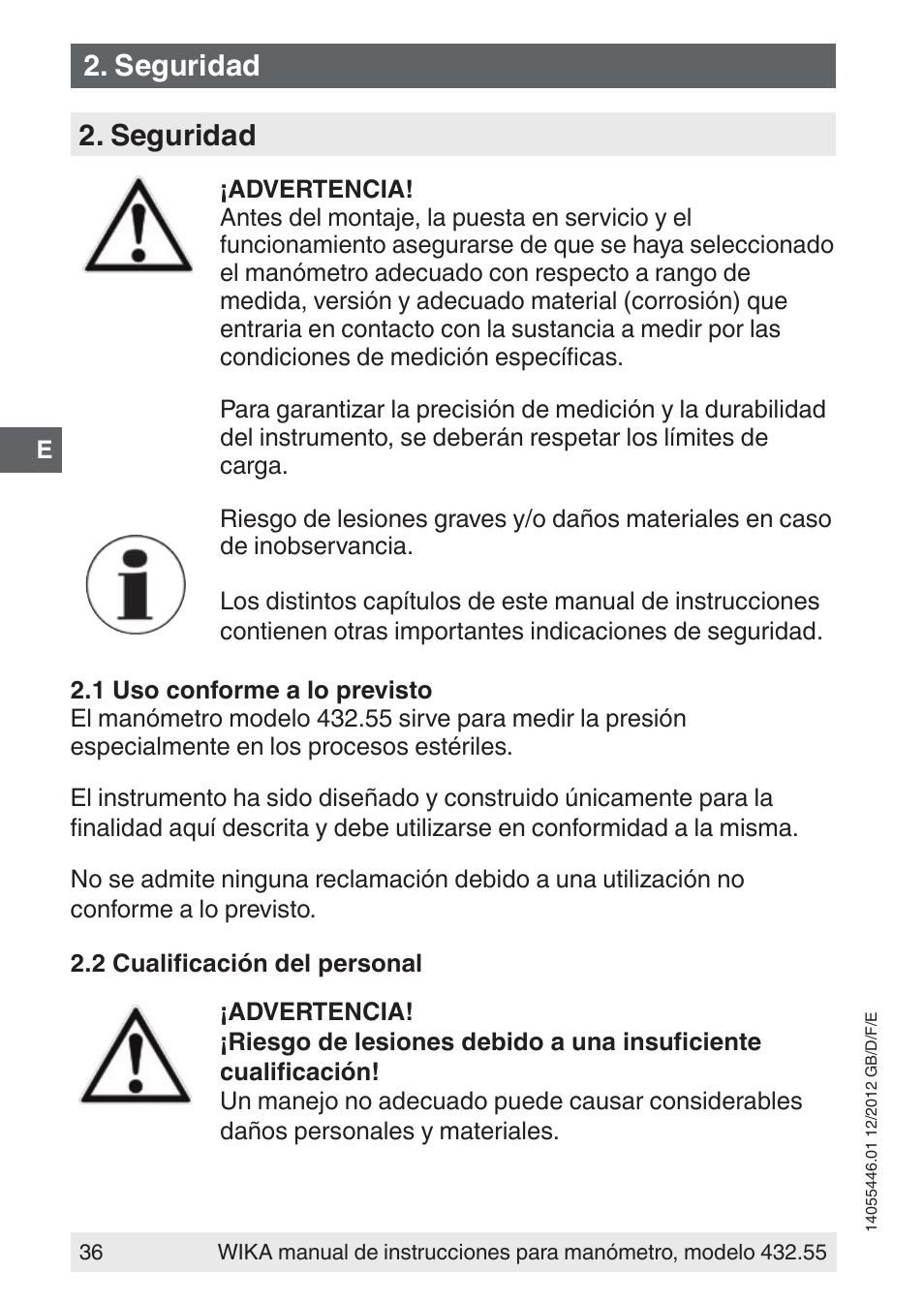 Seguridad | WIKA 432.55 User Manual | Page 36 / 48