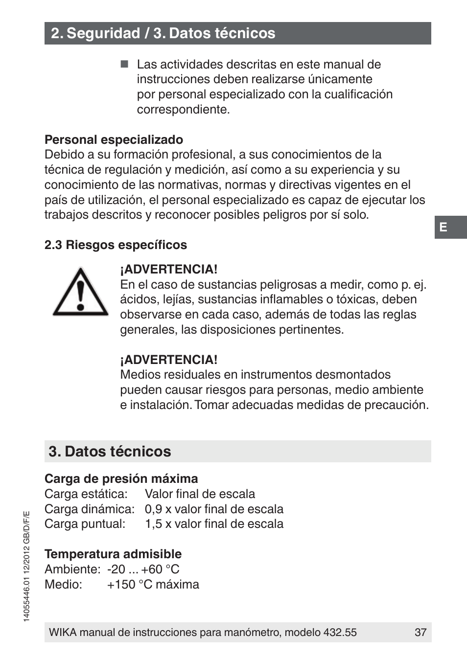 Seguridad / 3. datos técnicos, Datos técnicos | WIKA 432.55 User Manual | Page 37 / 48