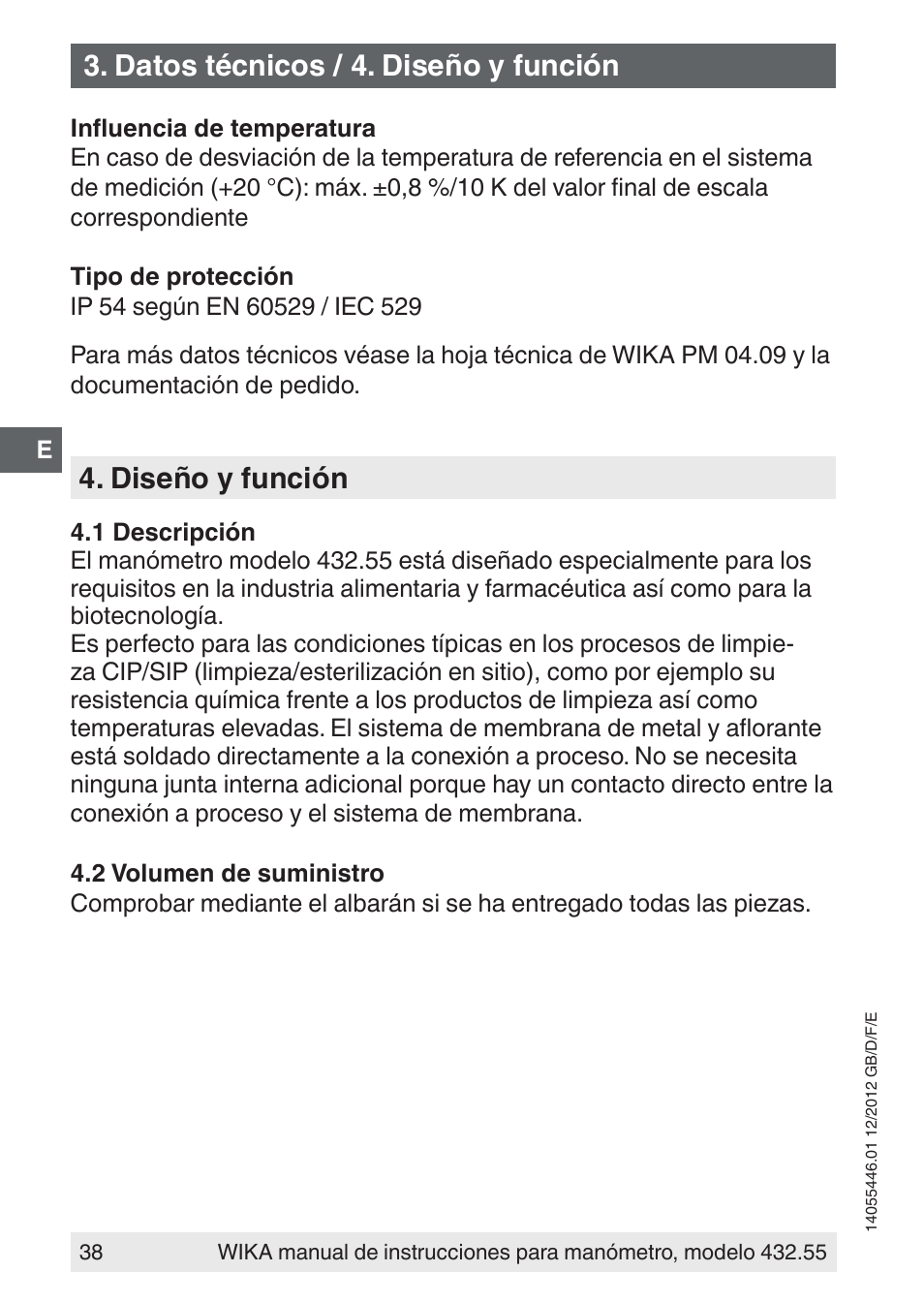 Diseño y función, Datos técnicos / 4. diseño y función | WIKA 432.55 User Manual | Page 38 / 48