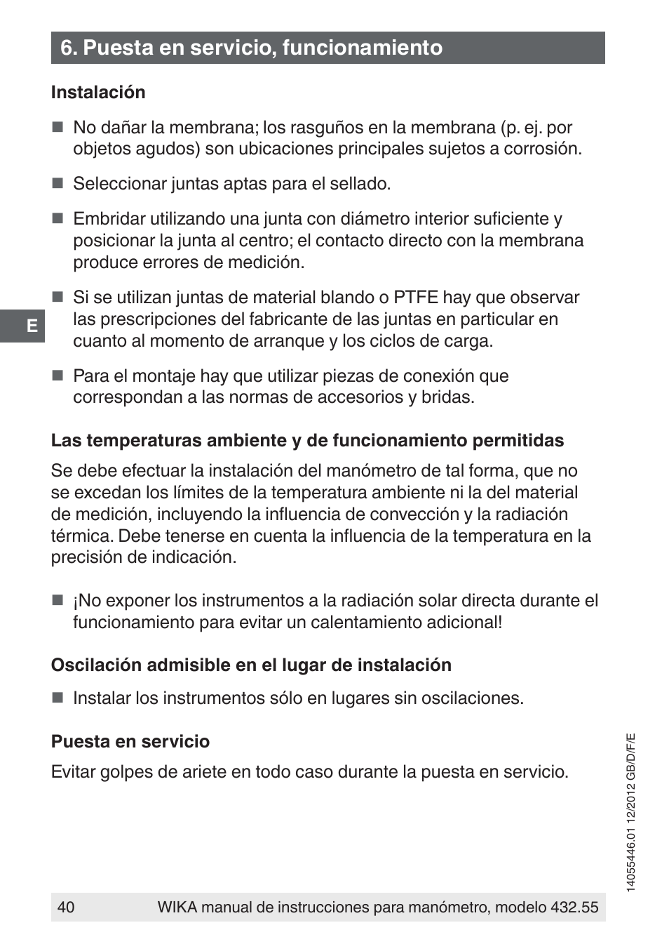 Puesta en servicio, funcionamiento | WIKA 432.55 User Manual | Page 40 / 48