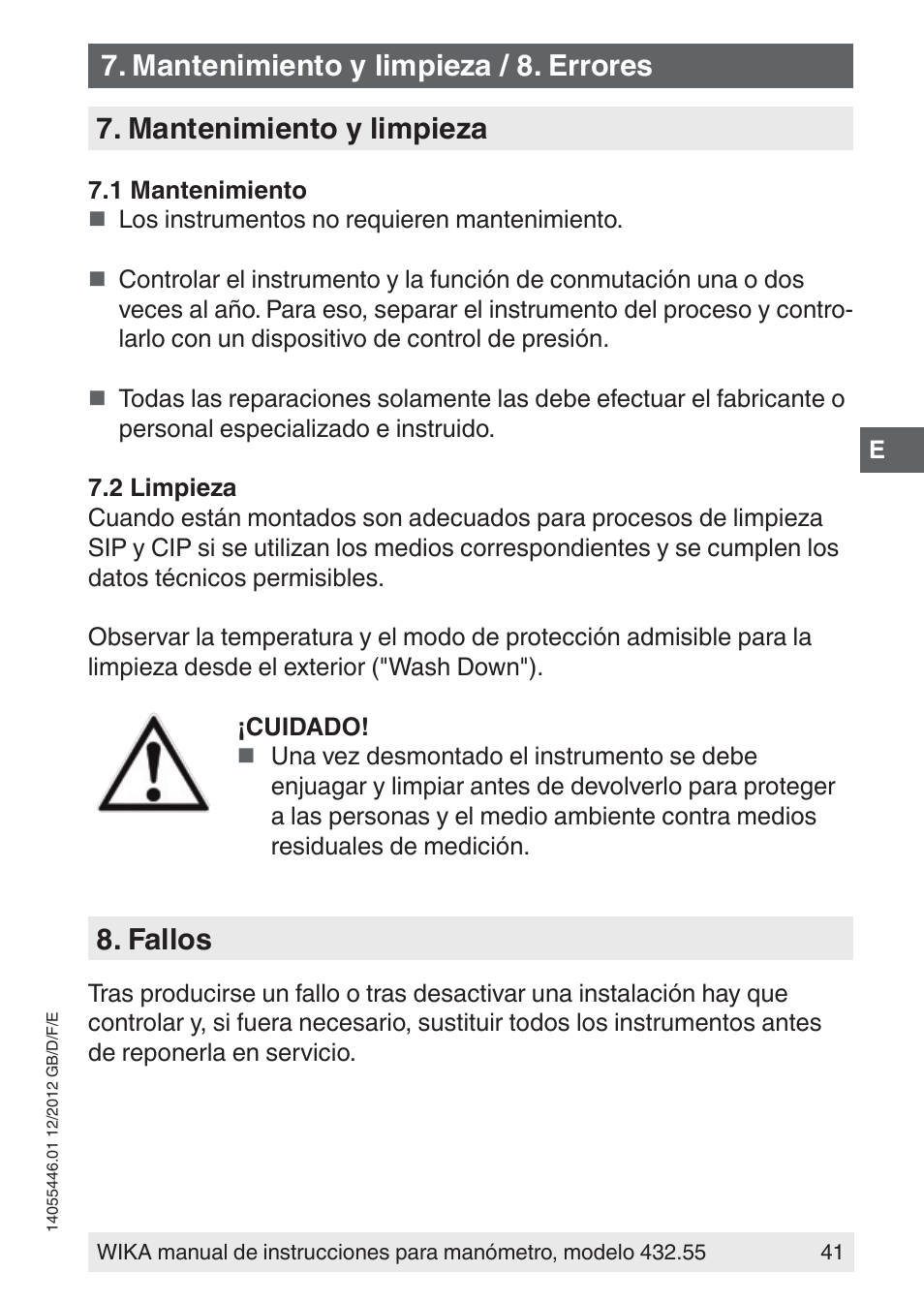 Mantenimiento y limpieza, Fallos, Mantenimiento y limpieza / 8. errores | WIKA 432.55 User Manual | Page 41 / 48