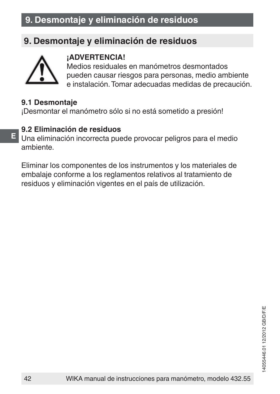 Desmontaje y eliminación de residuos | WIKA 432.55 User Manual | Page 42 / 48