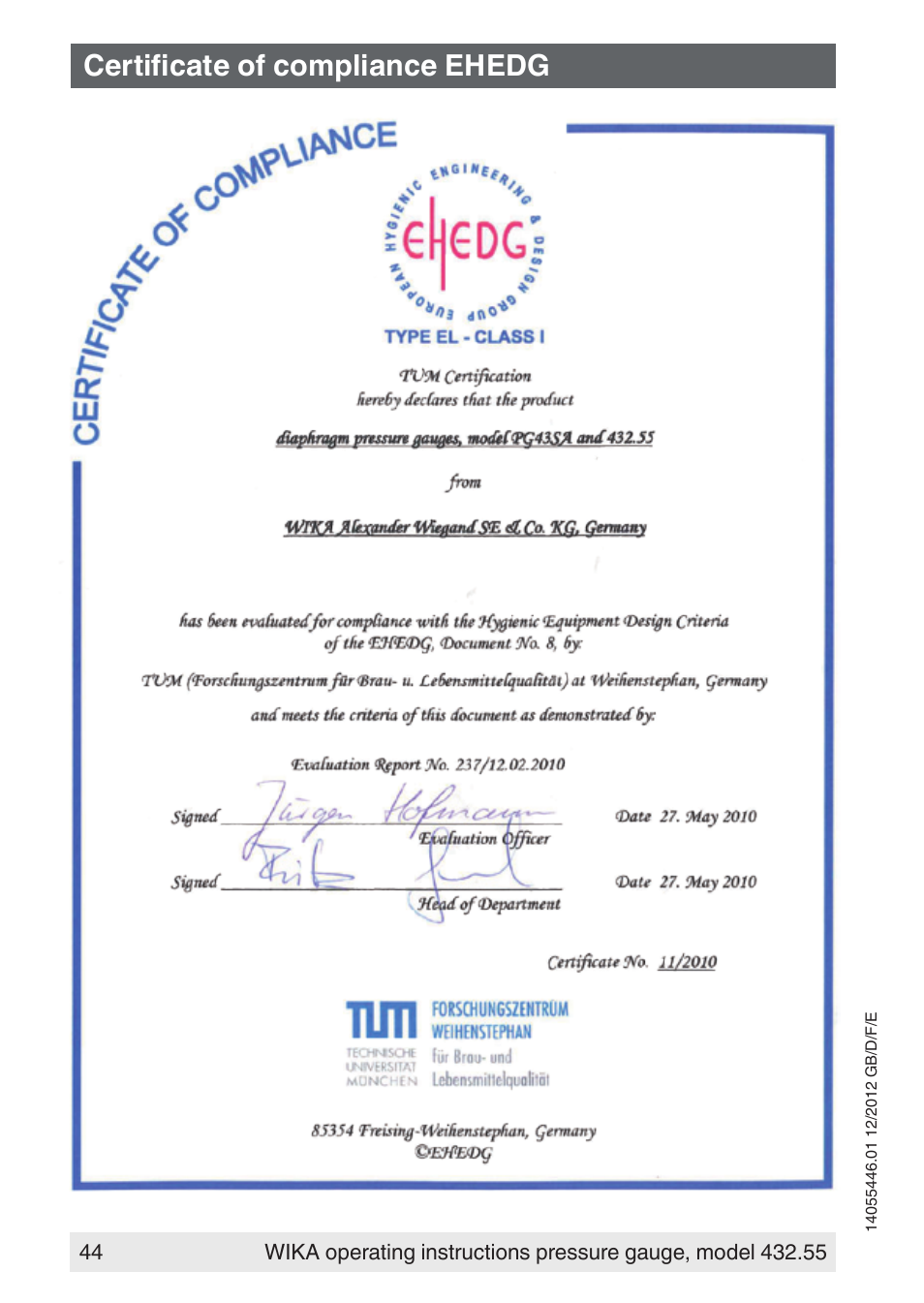 Certificate of compliance ehedg | WIKA 432.55 User Manual | Page 44 / 48