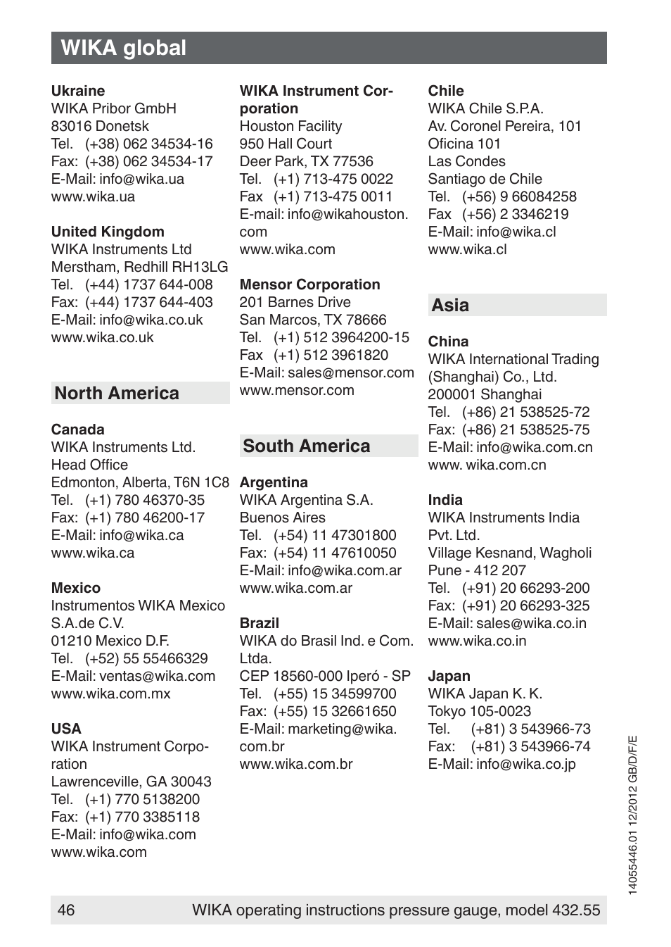 Wika global, North america, South america | Asia | WIKA 432.55 User Manual | Page 46 / 48