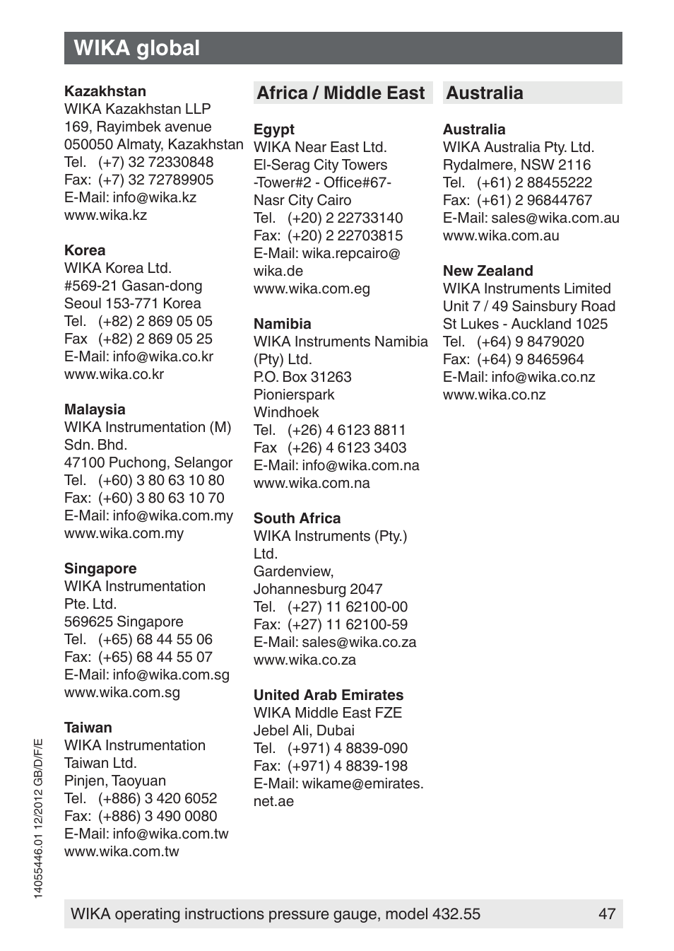 Wika global, Africa / middle east, Australia | WIKA 432.55 User Manual | Page 47 / 48