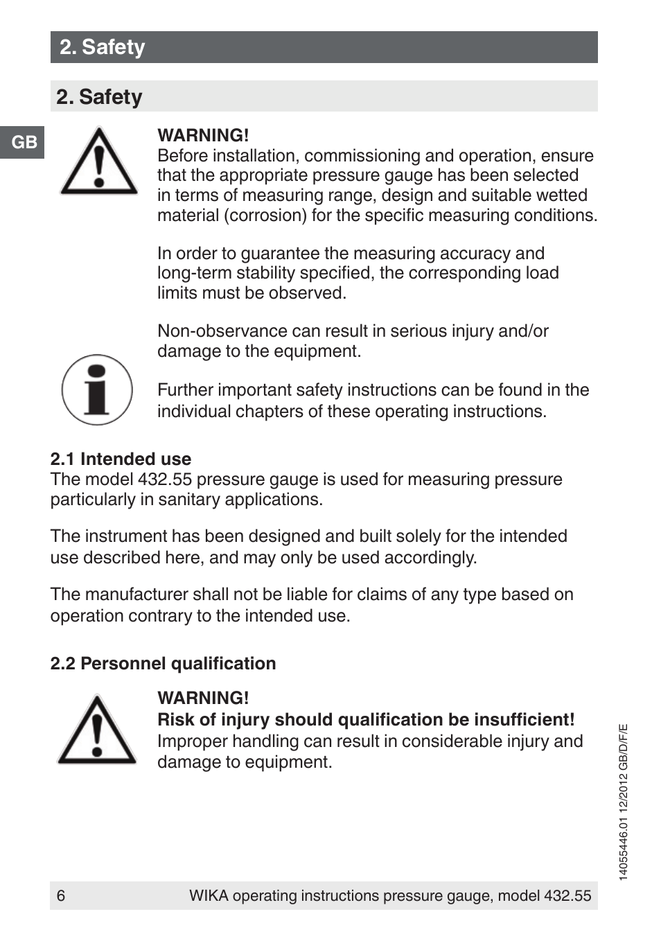 Safety | WIKA 432.55 User Manual | Page 6 / 48