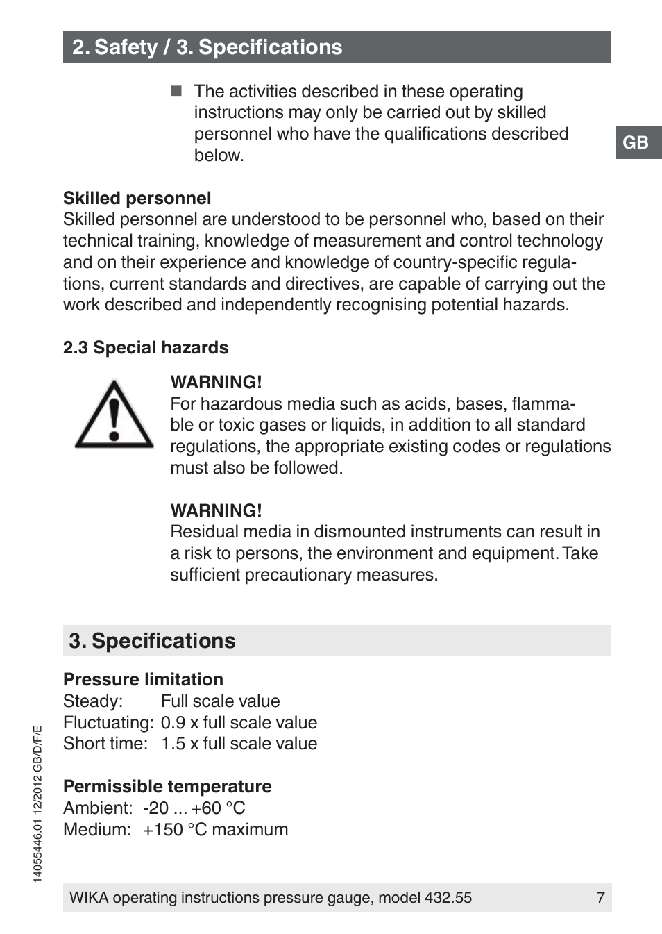 Specifications, Safety / 3. specifications | WIKA 432.55 User Manual | Page 7 / 48