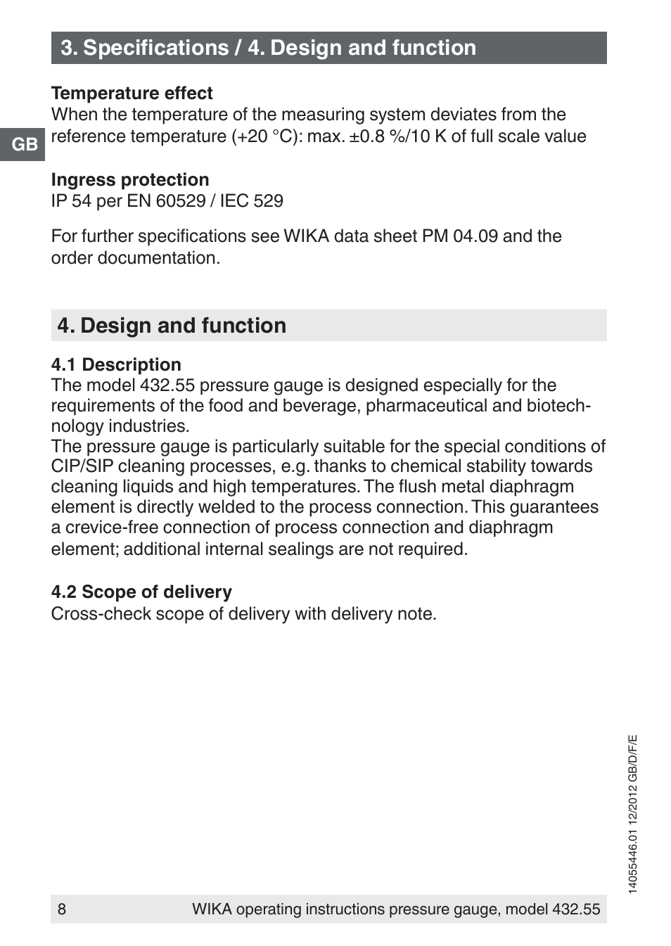 Design and function, Specifications / 4. design and function | WIKA 432.55 User Manual | Page 8 / 48