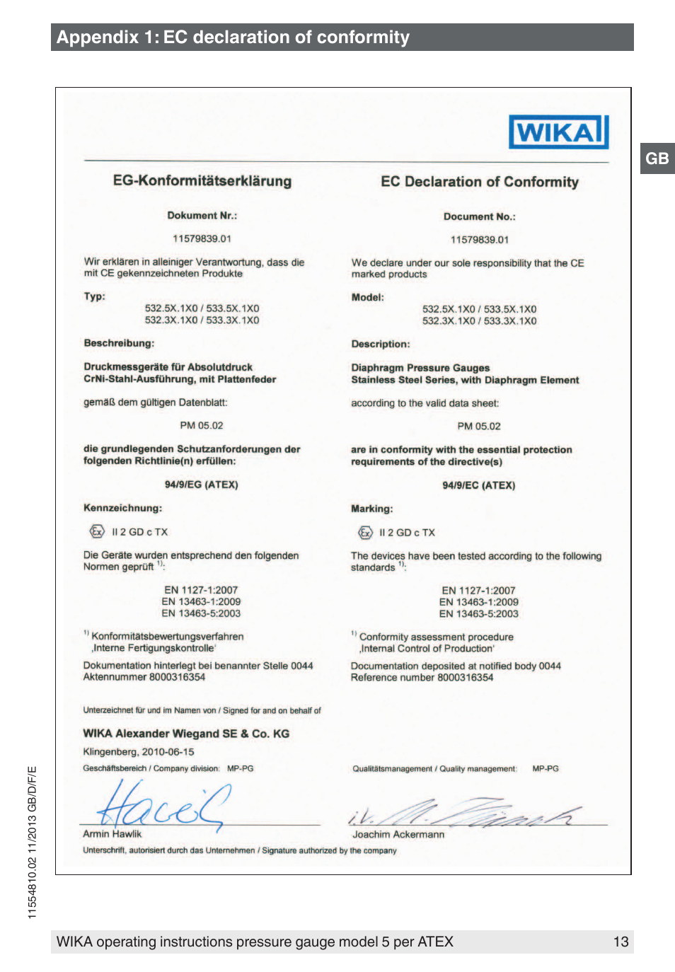 Appendix 1: ec declaration of conformity | WIKA 532.54 User Manual | Page 13 / 52