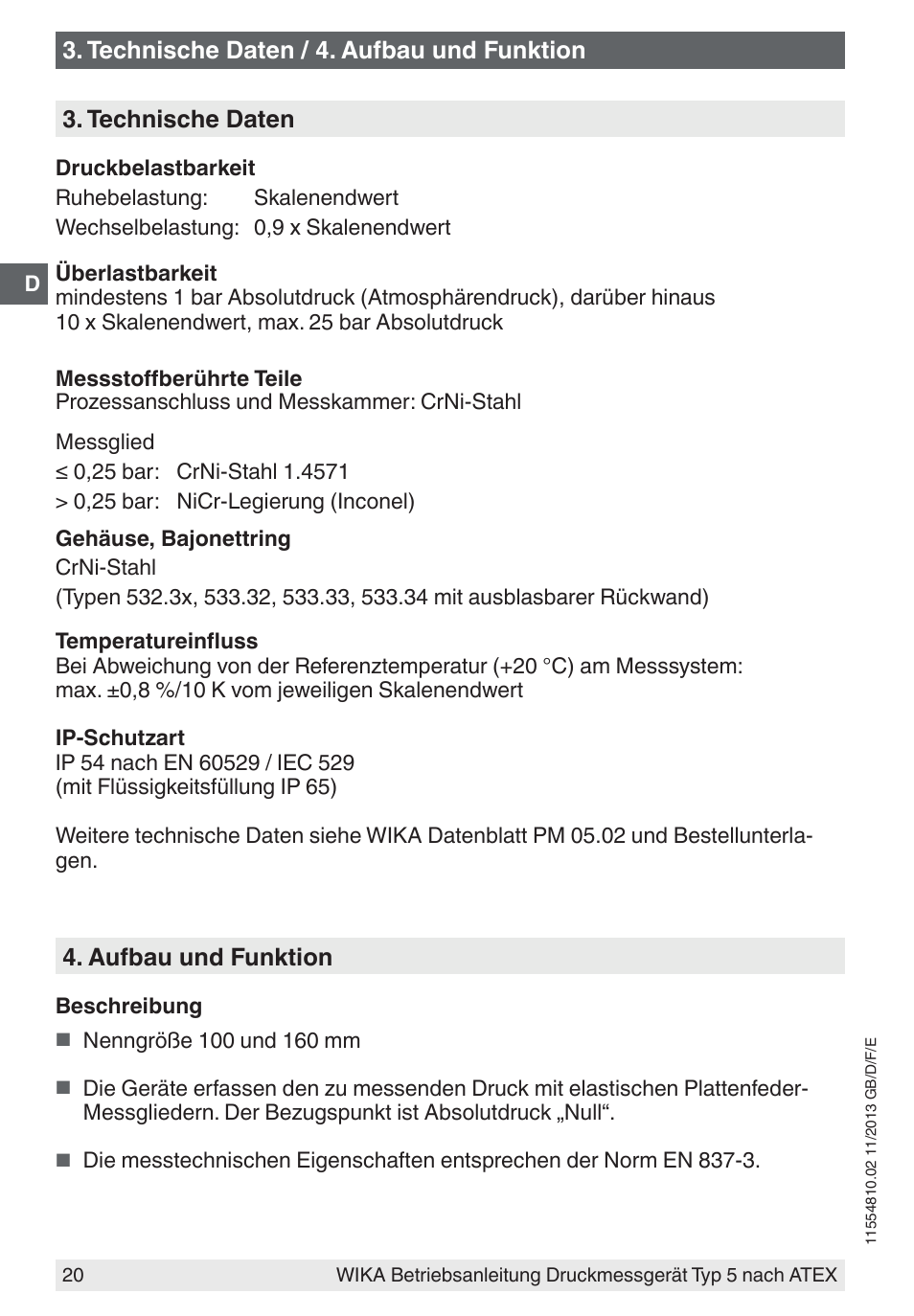Technische daten / 4. aufbau und funktion, Aufbau und funktion, Technische daten | WIKA 532.54 User Manual | Page 20 / 52