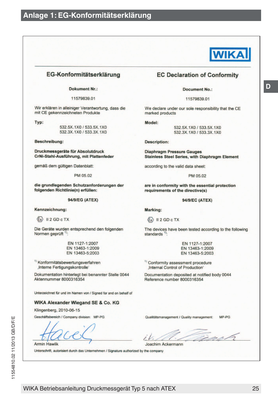 Anlage 1: eg-konformitätserklärung | WIKA 532.54 User Manual | Page 25 / 52