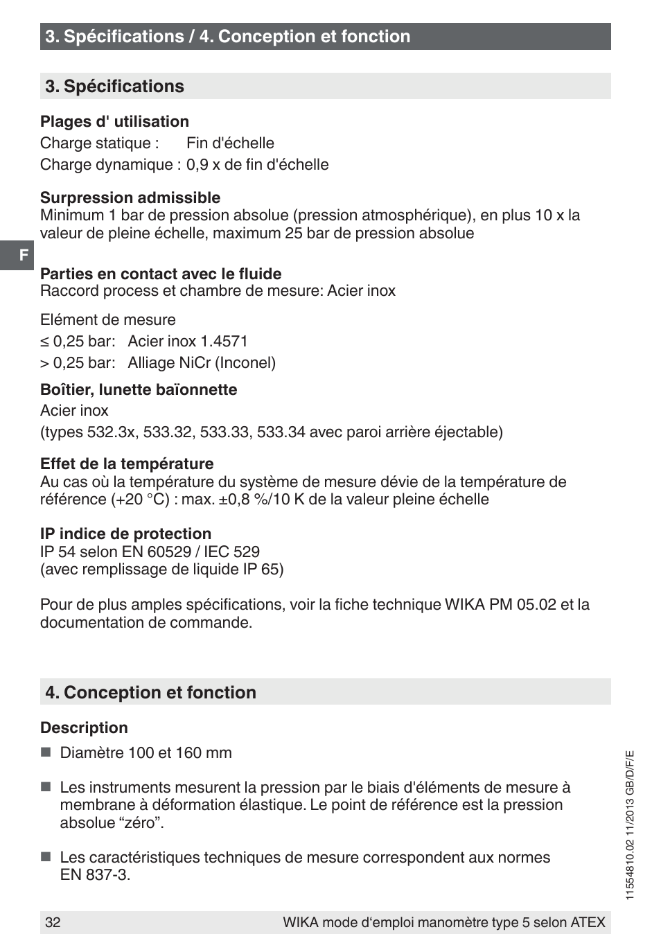 Spécifications / 4. conception et fonction, Conception et fonction, Spécifications | WIKA 532.54 User Manual | Page 32 / 52