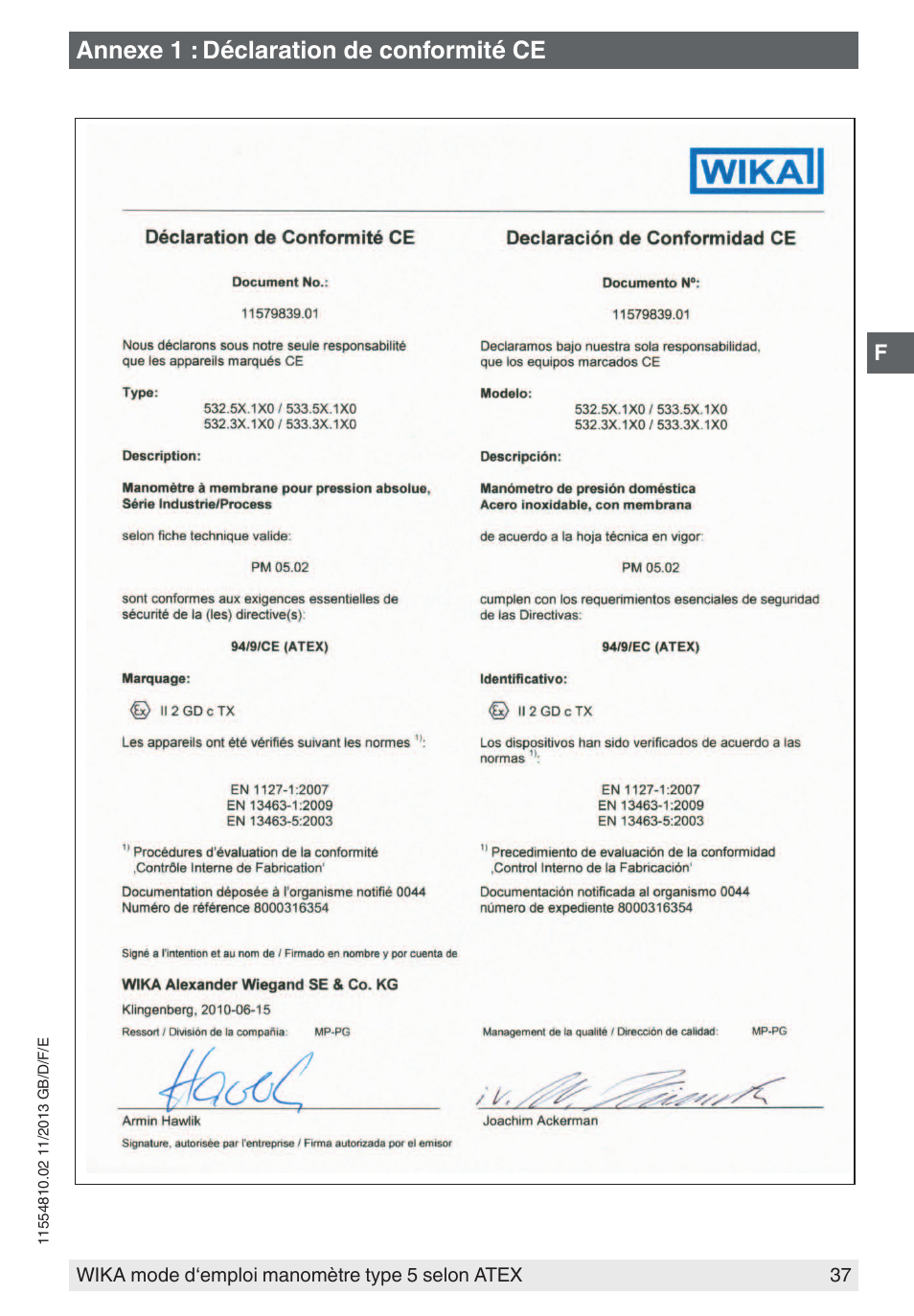 Annexe 1 : déclaration de conformité ce | WIKA 532.54 User Manual | Page 37 / 52