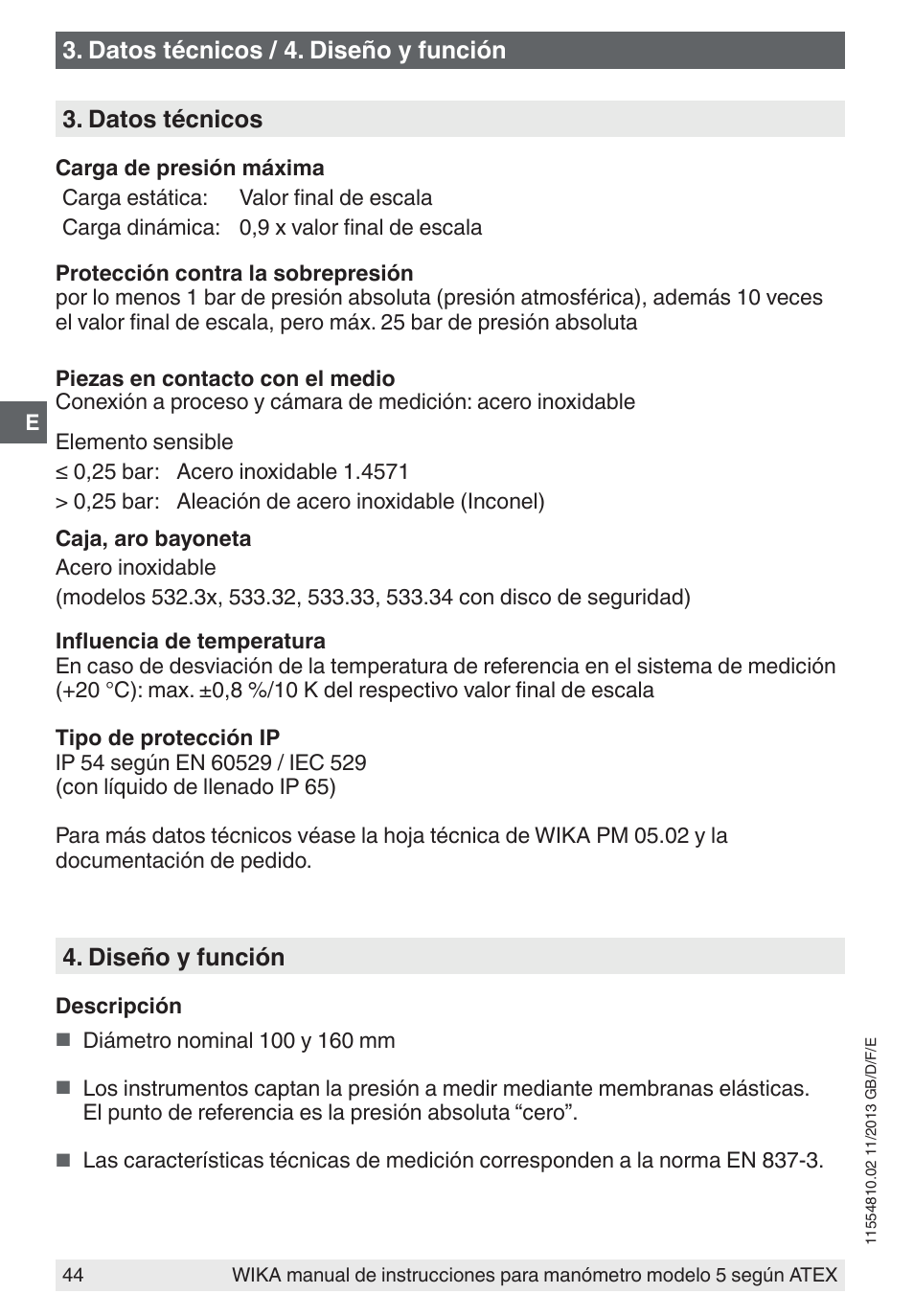 Datos técnicos / 4. diseño y función, Diseño y función, Datos técnicos | WIKA 532.54 User Manual | Page 44 / 52