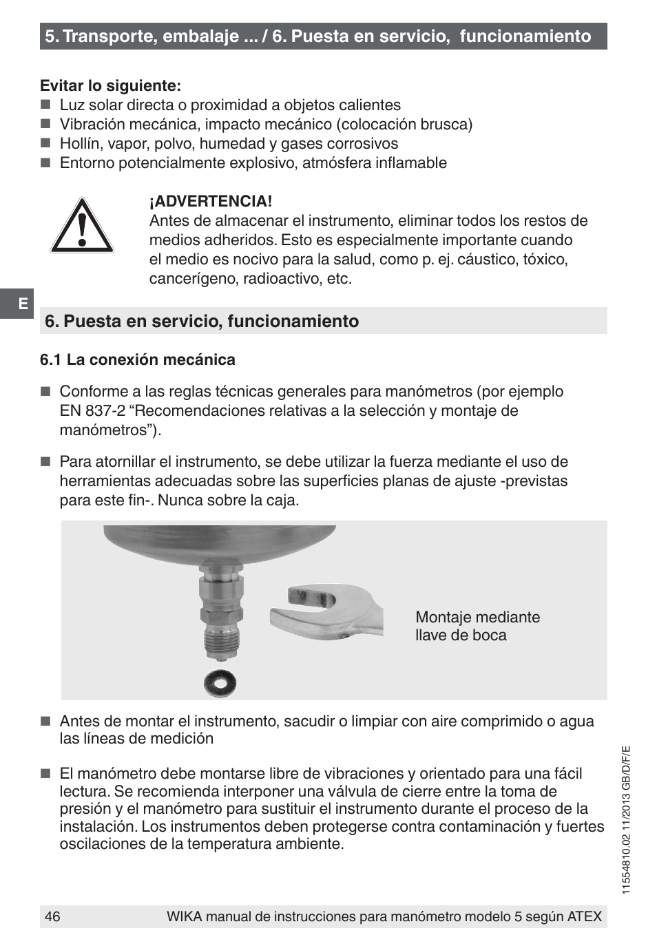 Puesta en servicio, funcionamiento | WIKA 532.54 User Manual | Page 46 / 52